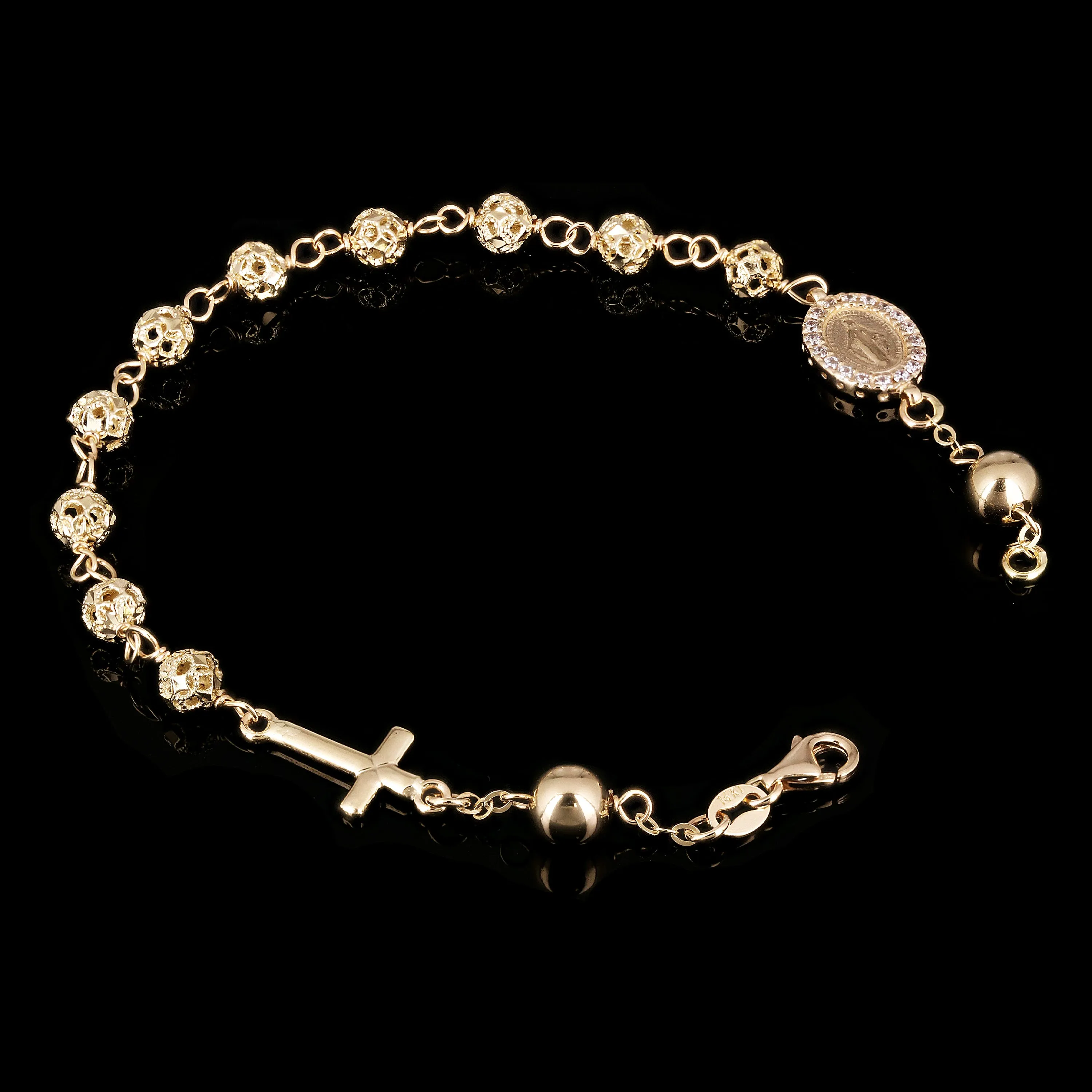 Italian 14k Yellow Gold Diamond-Cut Beaded Rosary Bracelet 5mm 7.5" 6.2 grams