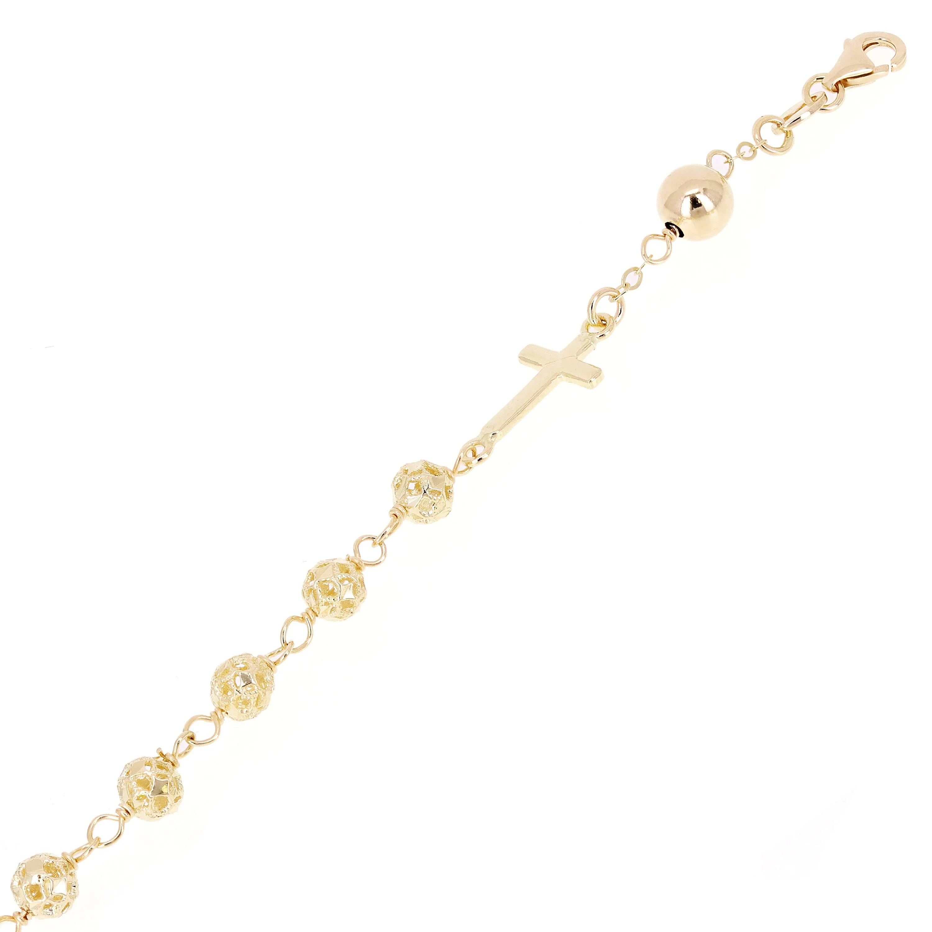 Italian 14k Yellow Gold Diamond-Cut Beaded Rosary Bracelet 5mm 7.5" 6.2 grams