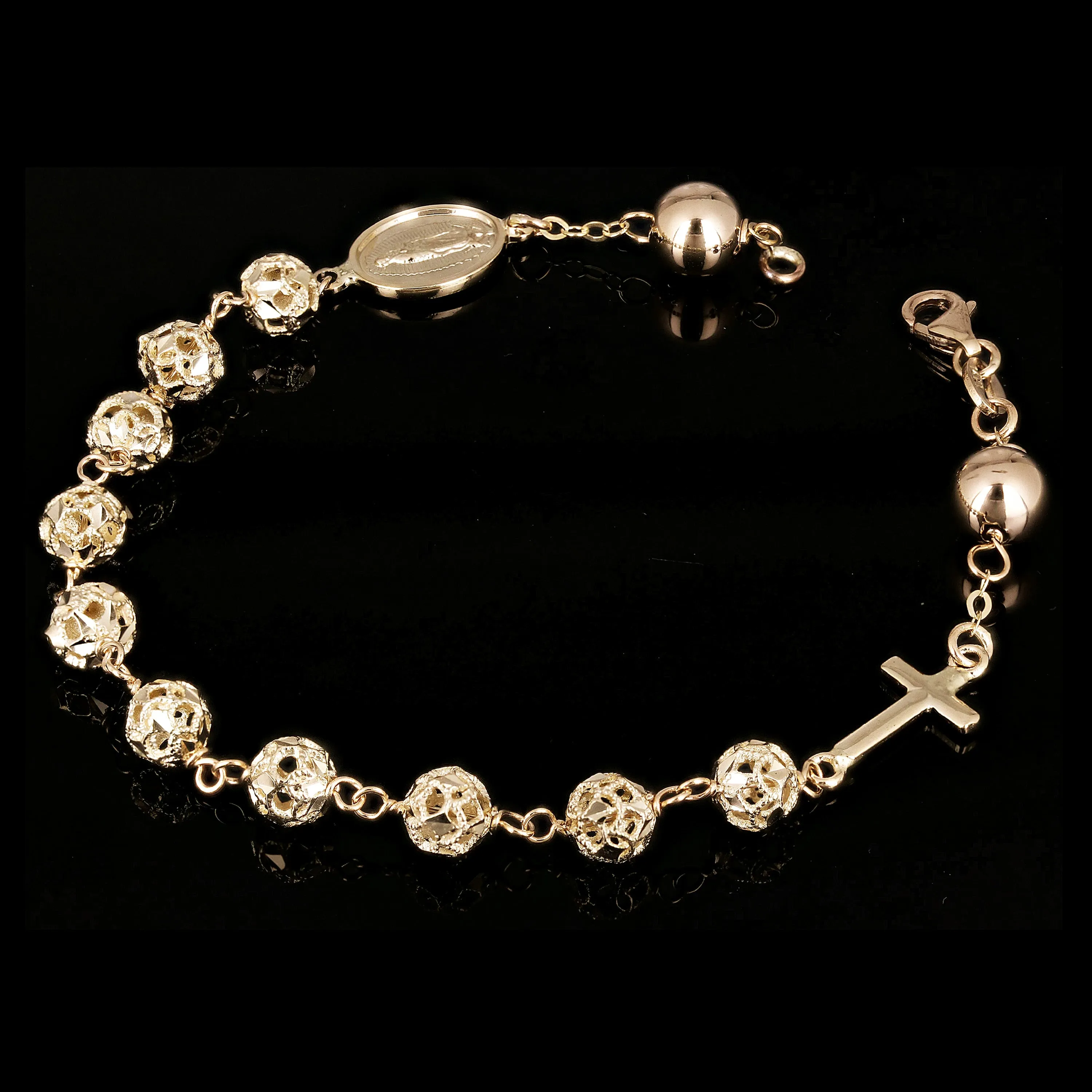 Italian 14k Yellow Gold Diamond-Cut Beaded Rosary Bracelet 7.5" 6mm 6.7 grams