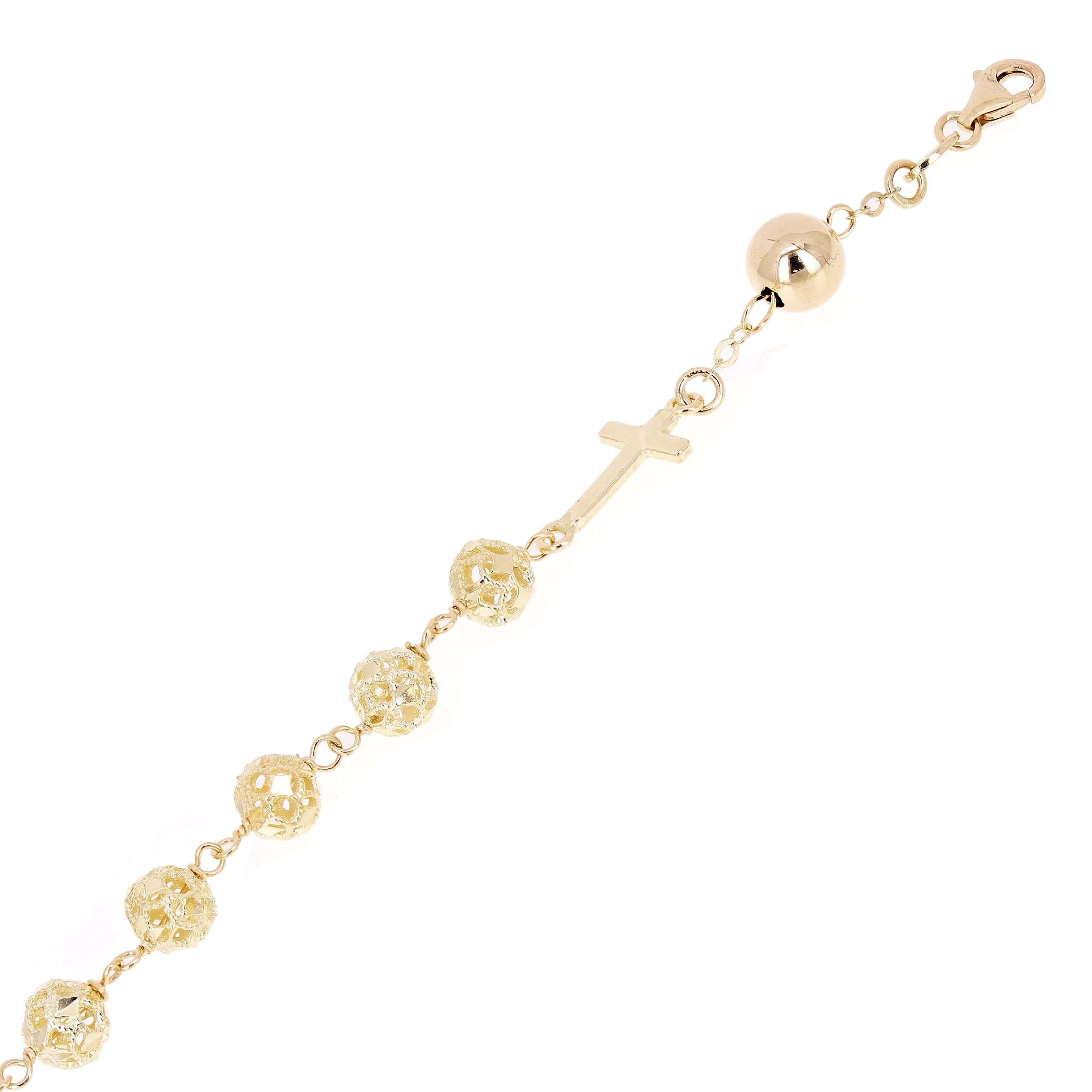 Italian 14k Yellow Gold Diamond-Cut Beaded Rosary Bracelet 7.5" 6mm 6.7 grams