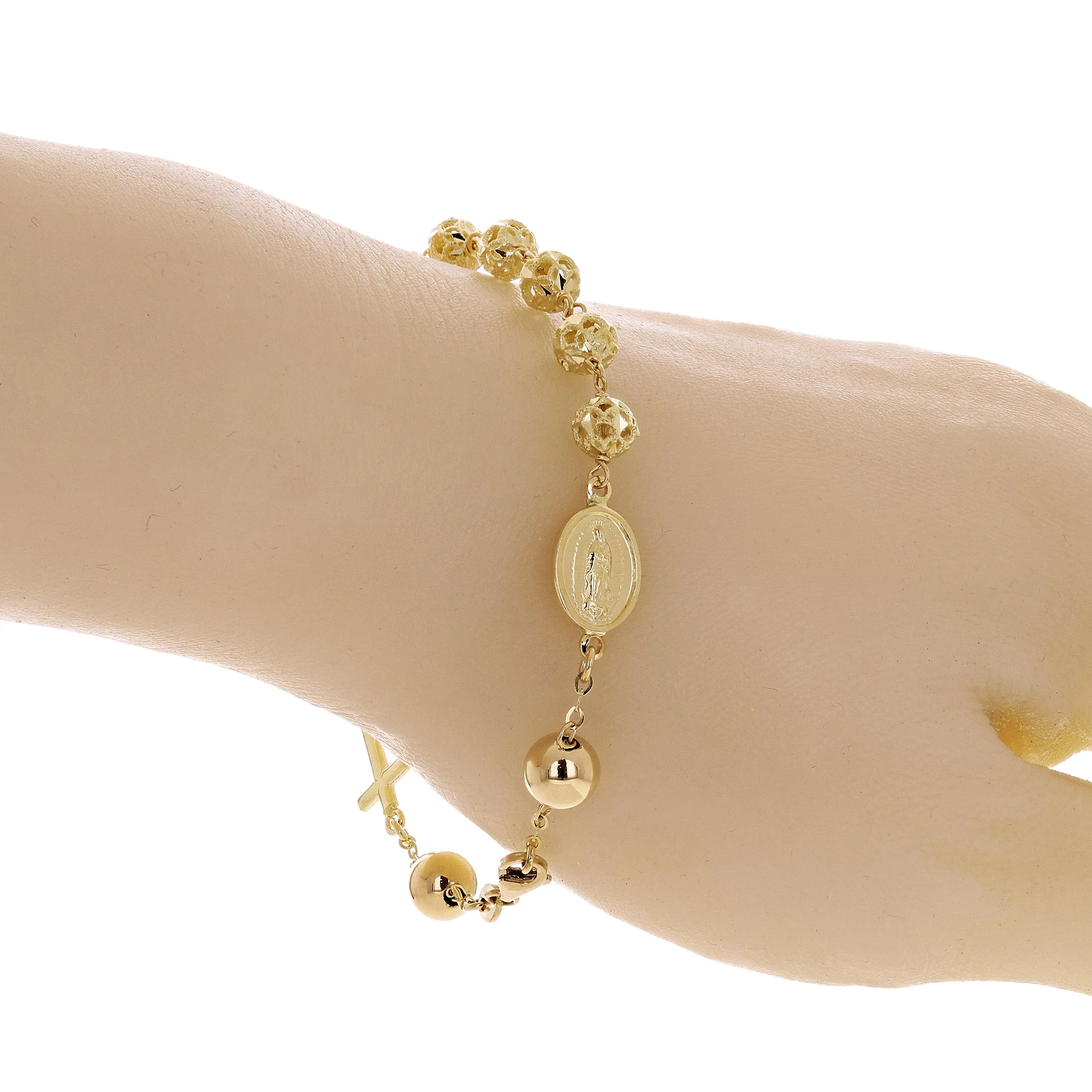 Italian 14k Yellow Gold Diamond-Cut Beaded Rosary Bracelet 7.5" 6mm 6.7 grams
