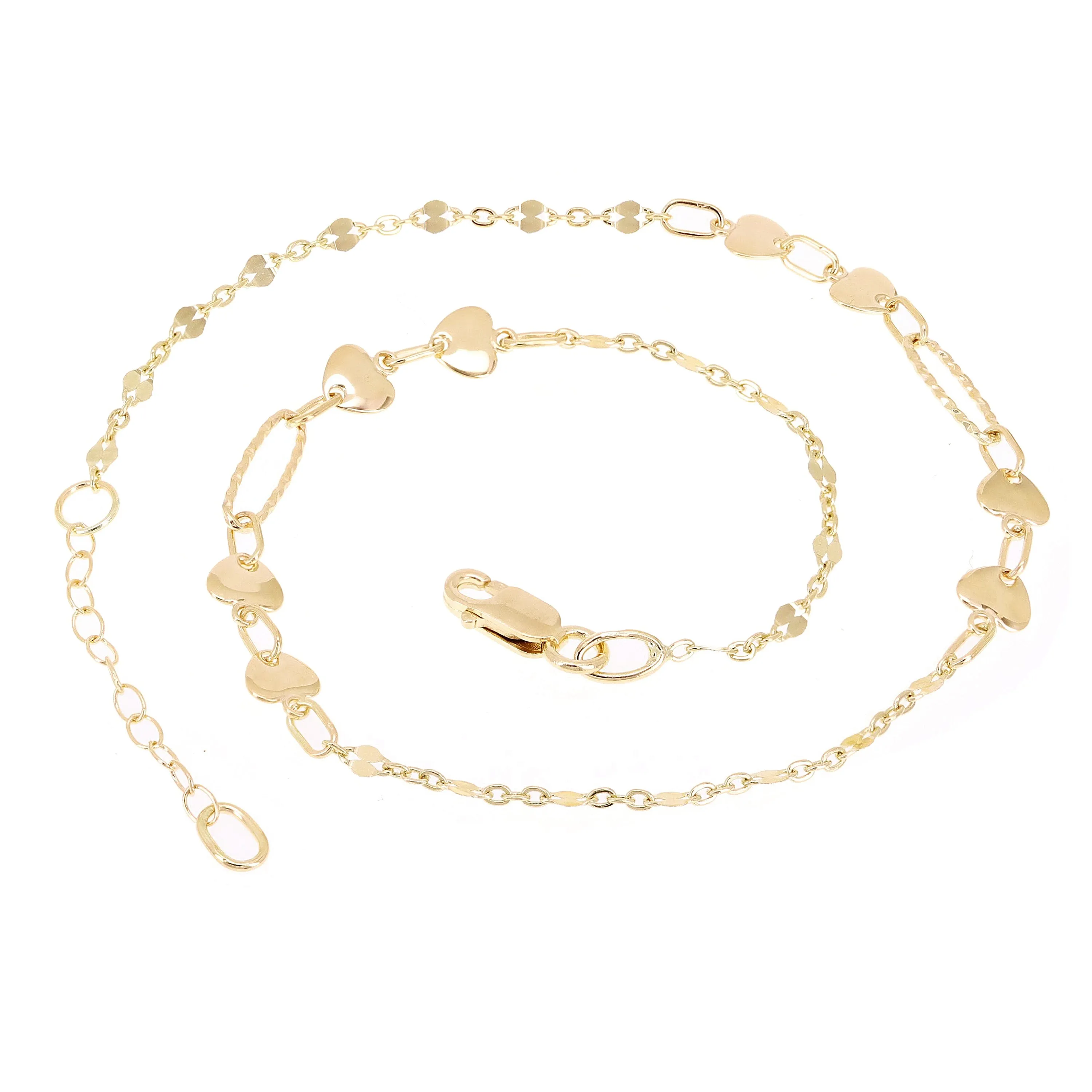Italian 14k Yellow Gold Heart & Oval Link Anklet/ Bracelet 10.5" 4.9mm 2.5 grams