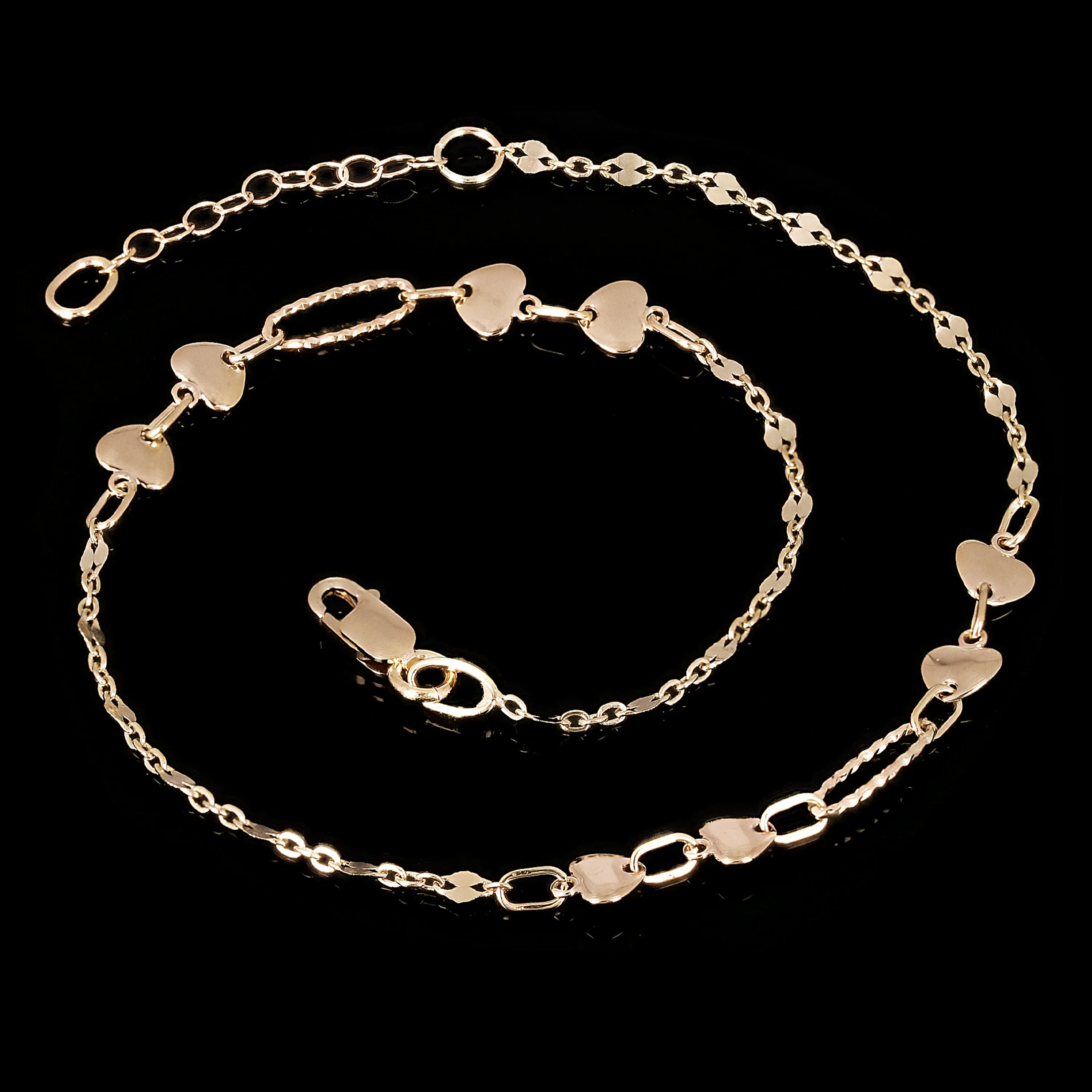 Italian 14k Yellow Gold Heart & Oval Link Anklet/ Bracelet 10.5" 4.9mm 2.5 grams