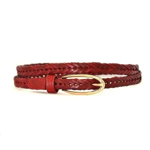 KELLY - Womens Red Plaited Skinny Leather Belt with Gold Oval Buckle