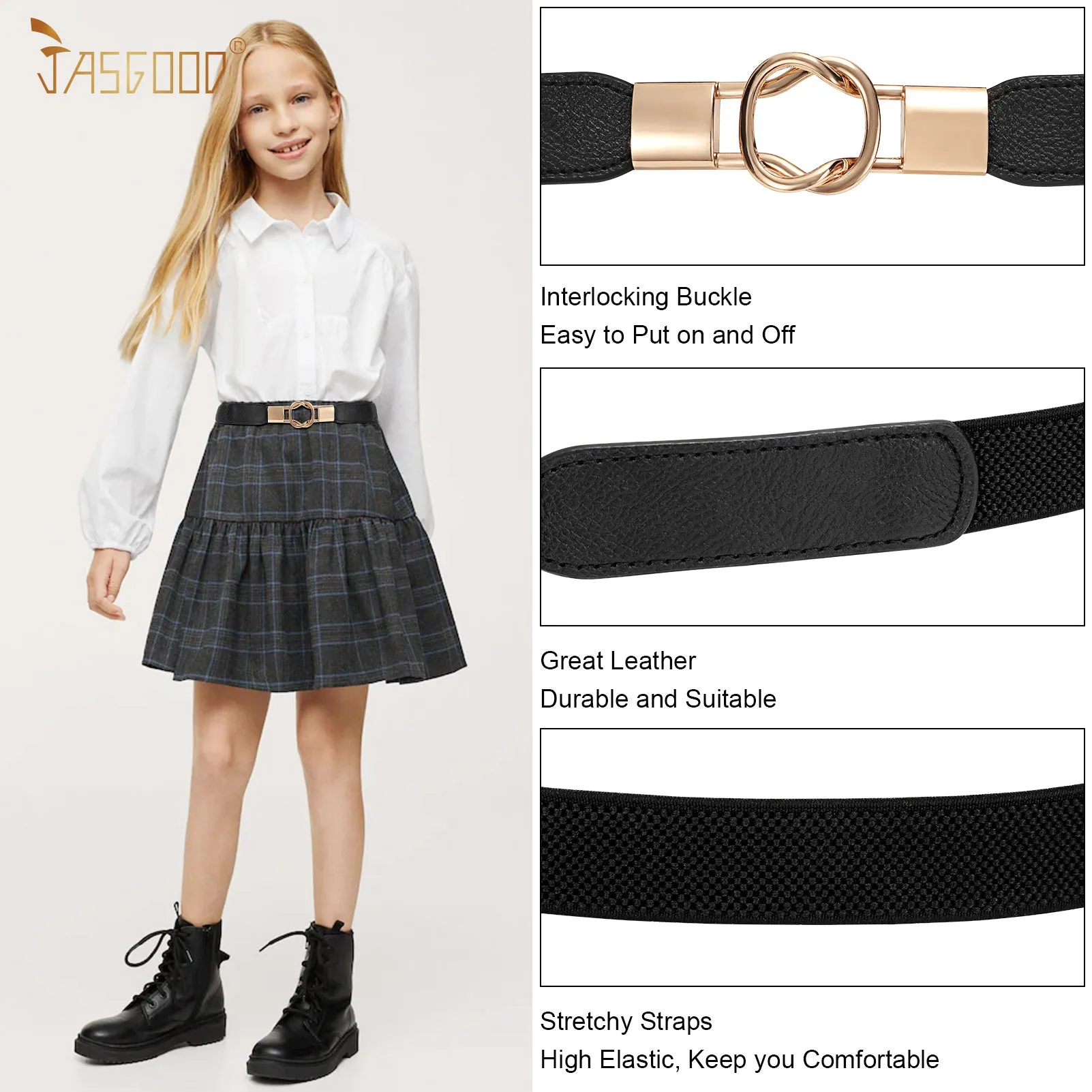 Kids Skinny Elastic Stretch Belts for girls with Easy Buckle Toddler School Uniform Dress Belts by JASGOOD