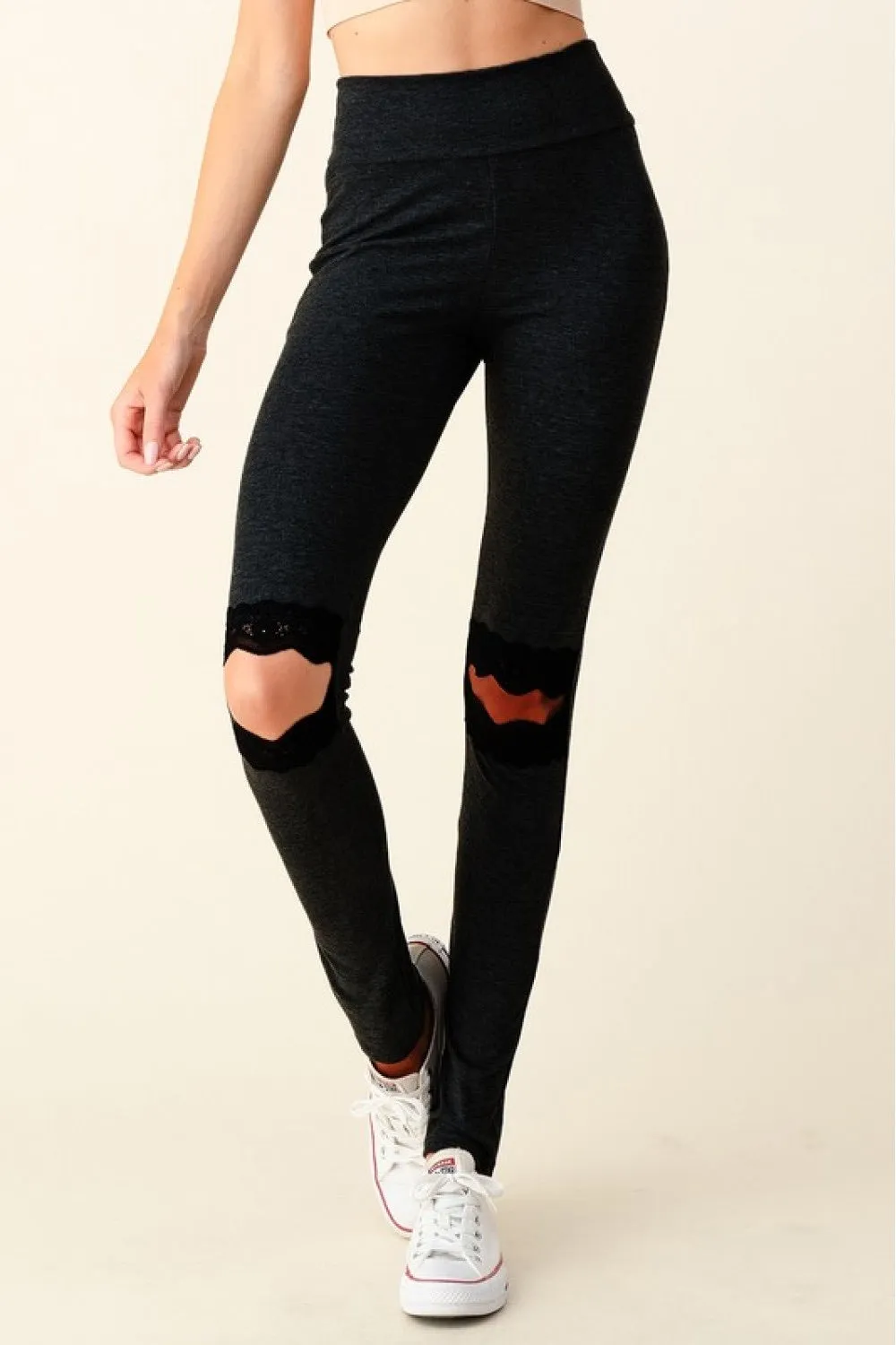 Lace detail opening black leggings