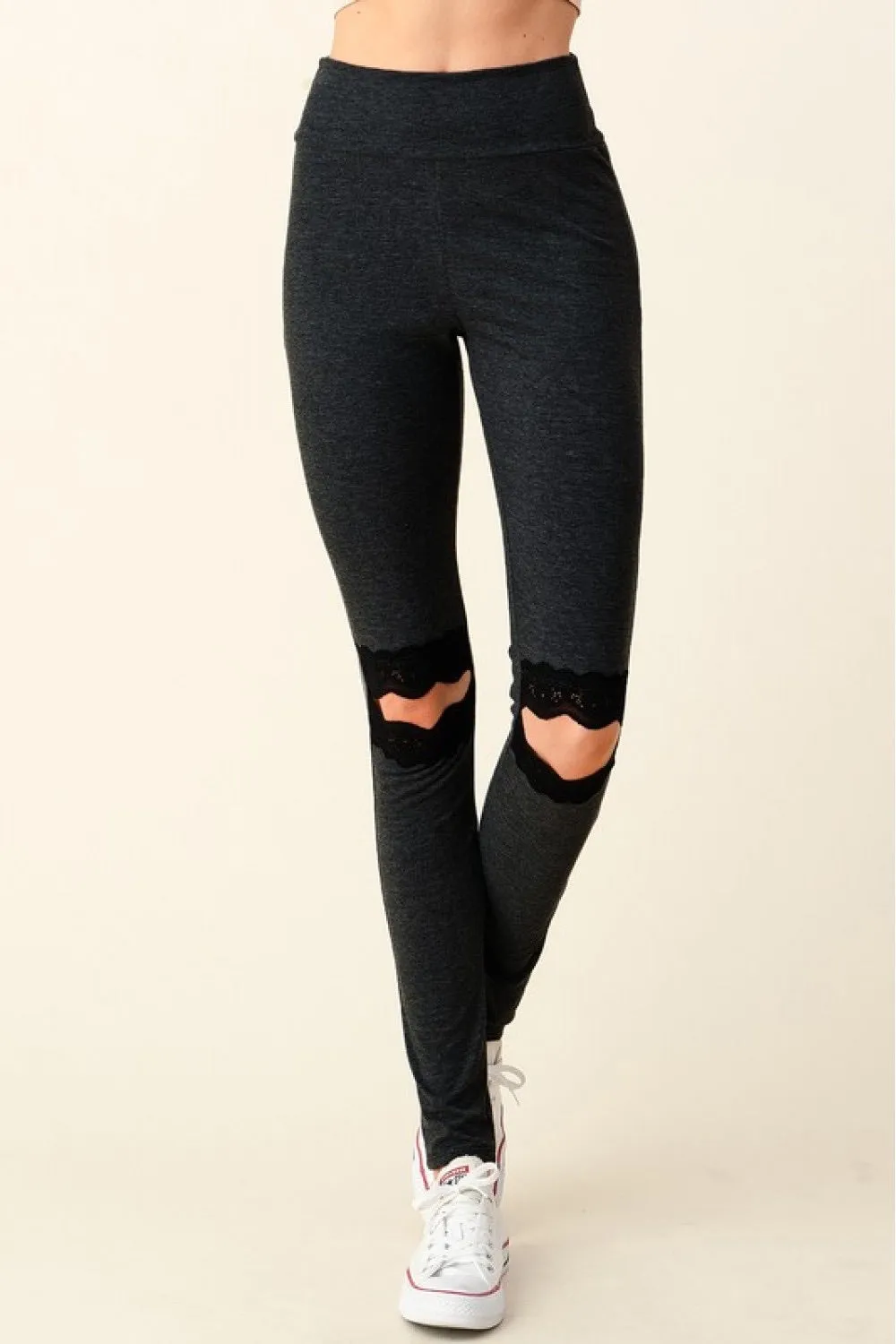 Lace detail opening black leggings