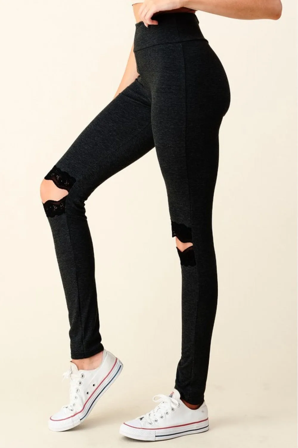 Lace detail opening black leggings