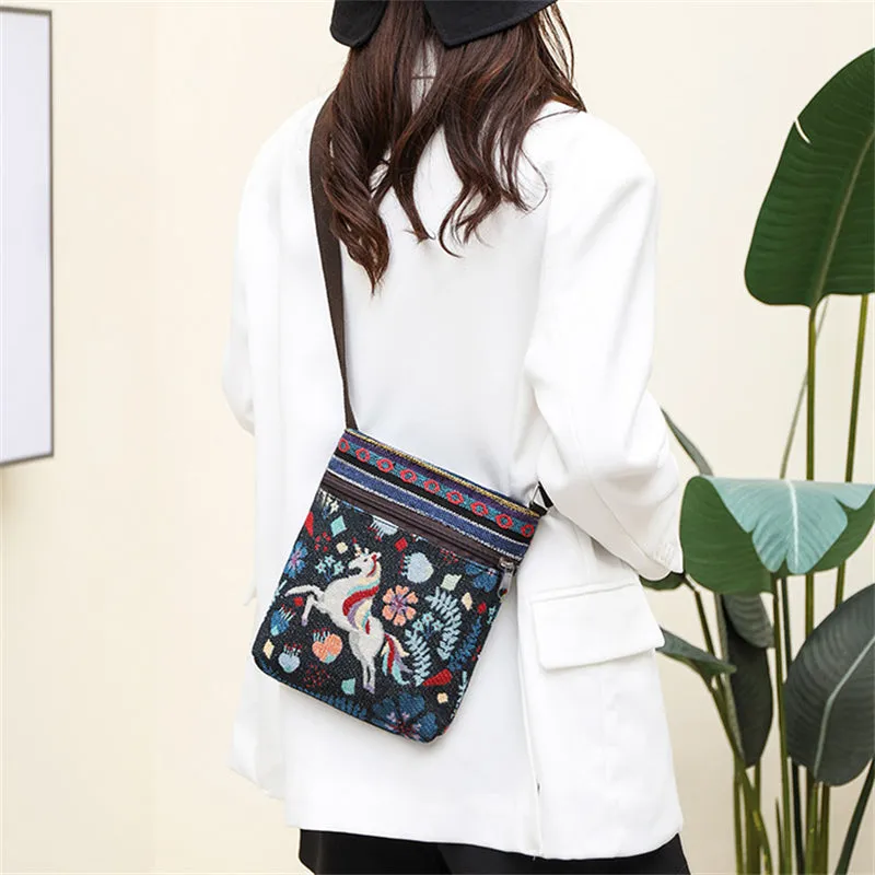 Ladies Cute Animal Embroidered Canvas Crossbody Bags