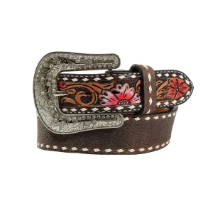 LADIES HANDPAINTED FLORAL & BUCKSTITCH BELT