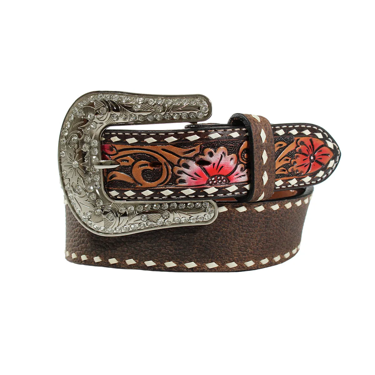 LADIES HANDPAINTED FLORAL & BUCKSTITCH BELT
