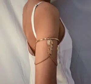Leaf and Chain Arm Cuff Fashion Exotic Bangle Bracelet, Prom Party Boho Bridal Vacation Arm Wrap Bracelet Jewelry