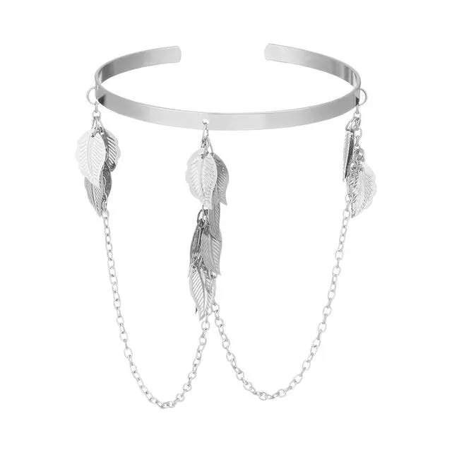 Leaf and Chain Arm Cuff Fashion Exotic Bangle Bracelet, Prom Party Boho Bridal Vacation Arm Wrap Bracelet Jewelry