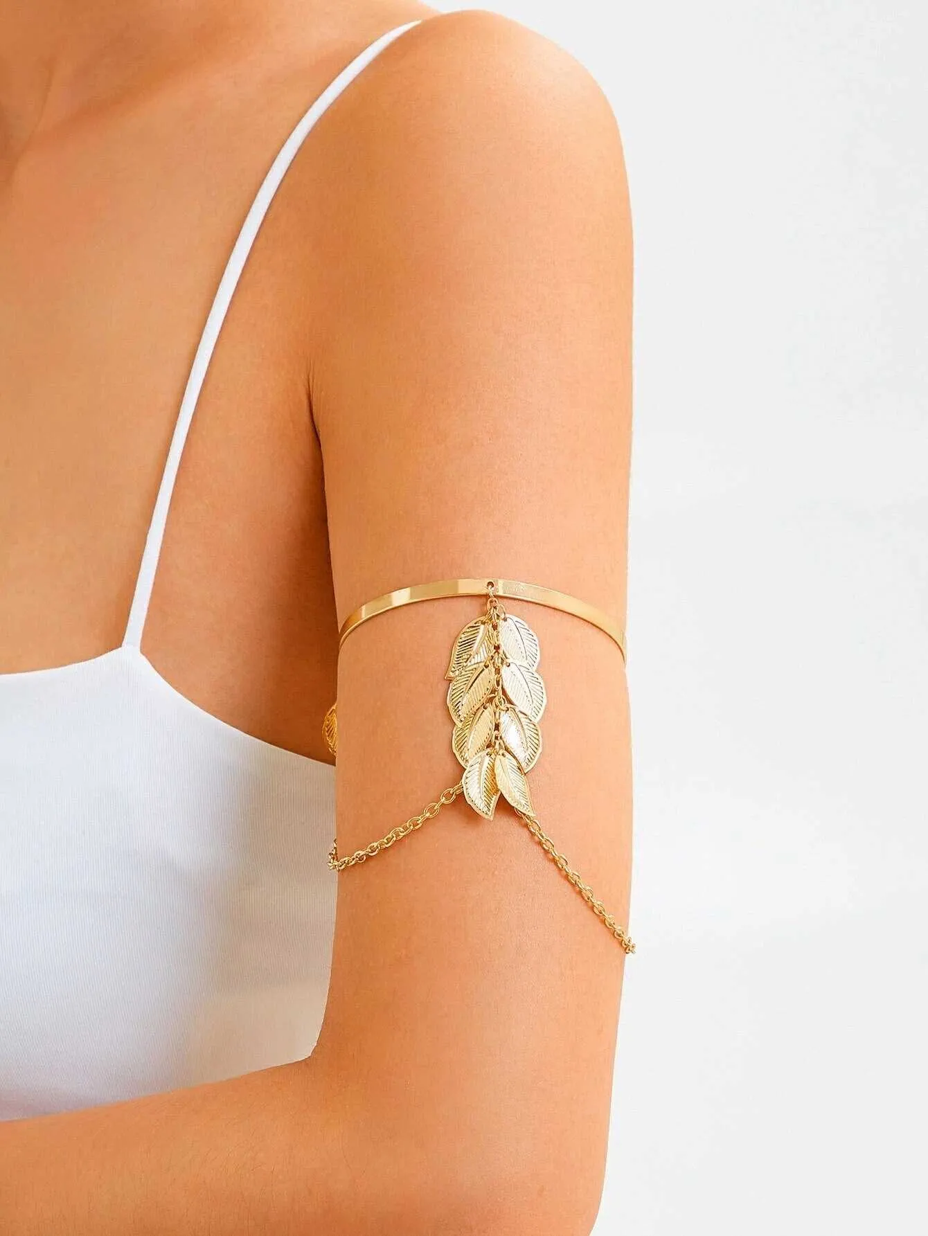 Leaf and Chain Arm Cuff Fashion Exotic Bangle Bracelet, Prom Party Boho Bridal Vacation Arm Wrap Bracelet Jewelry