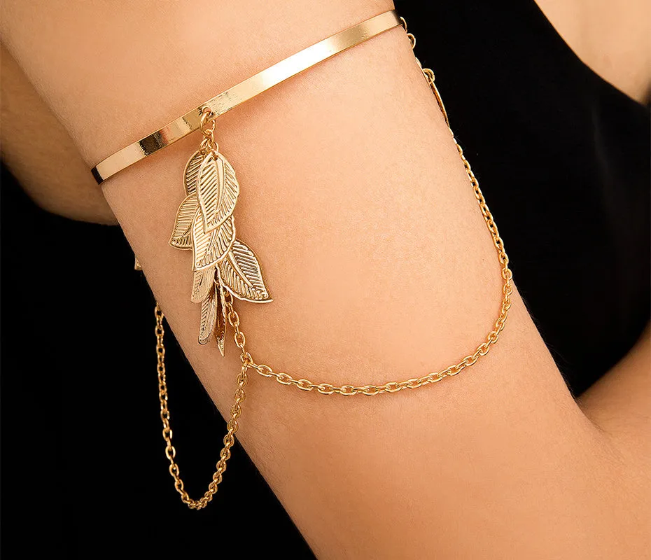 Leaf and Chain Arm Cuff Fashion Exotic Bangle Bracelet, Prom Party Boho Bridal Vacation Arm Wrap Bracelet Jewelry