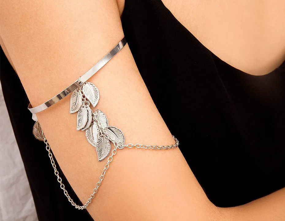 Leaf and Chain Arm Cuff Fashion Exotic Bangle Bracelet, Prom Party Boho Bridal Vacation Arm Wrap Bracelet Jewelry