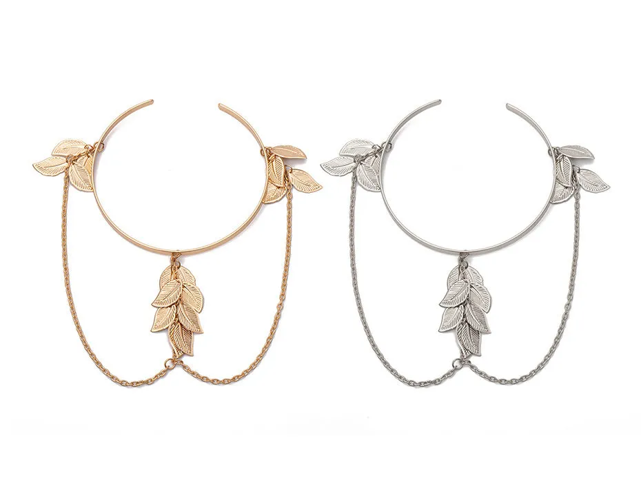 Leaf and Chain Arm Cuff Fashion Exotic Bangle Bracelet, Prom Party Boho Bridal Vacation Arm Wrap Bracelet Jewelry