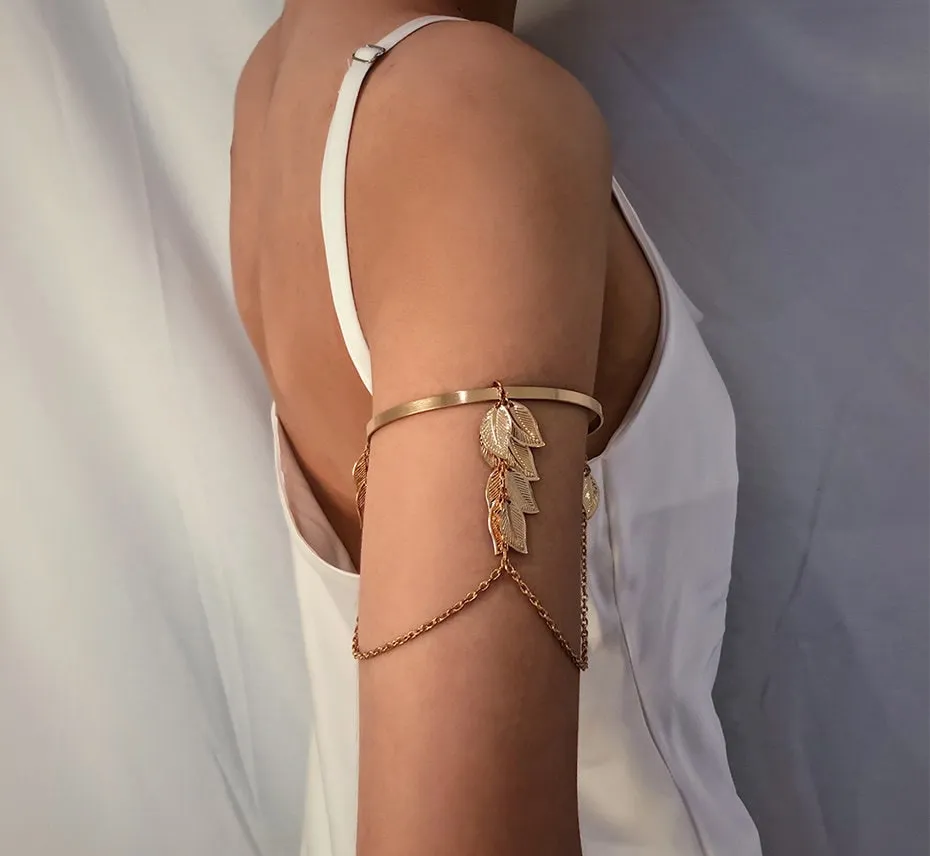 Leaf and Chain Arm Cuff Fashion Exotic Bangle Bracelet, Prom Party Boho Bridal Vacation Arm Wrap Bracelet Jewelry