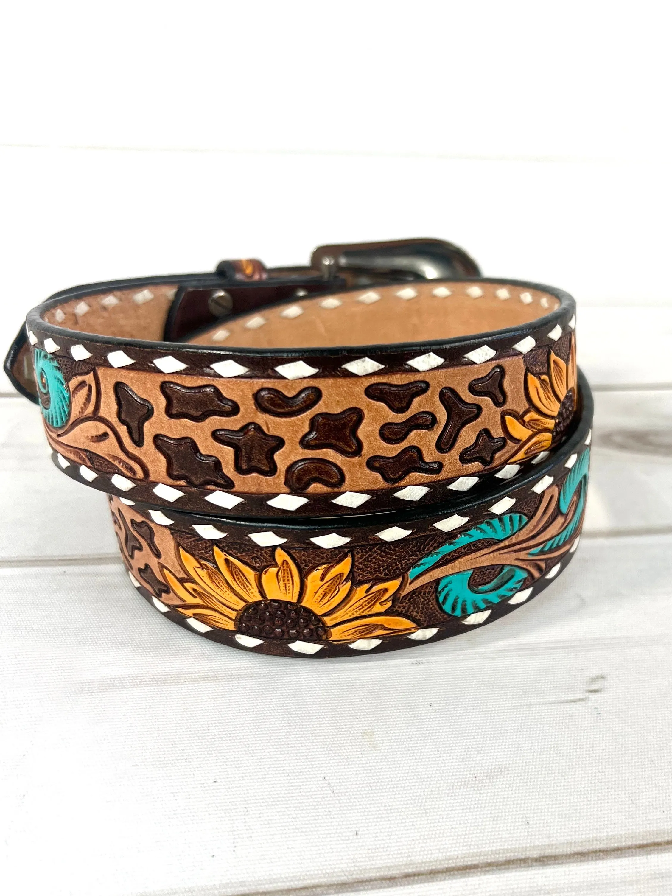 Leopard Sunflower Tooled Leather Woman’s Belt