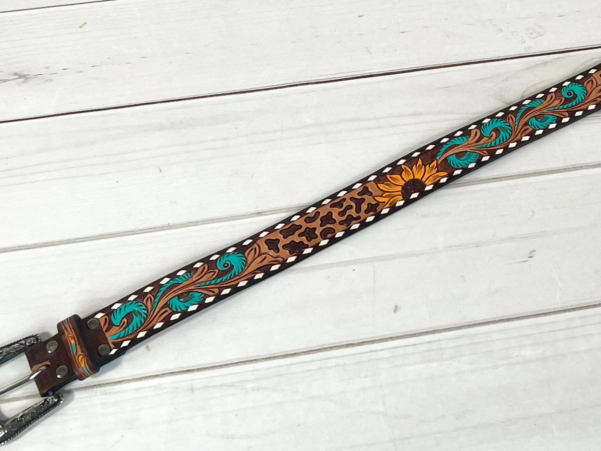 Leopard Sunflower Tooled Leather Woman’s Belt