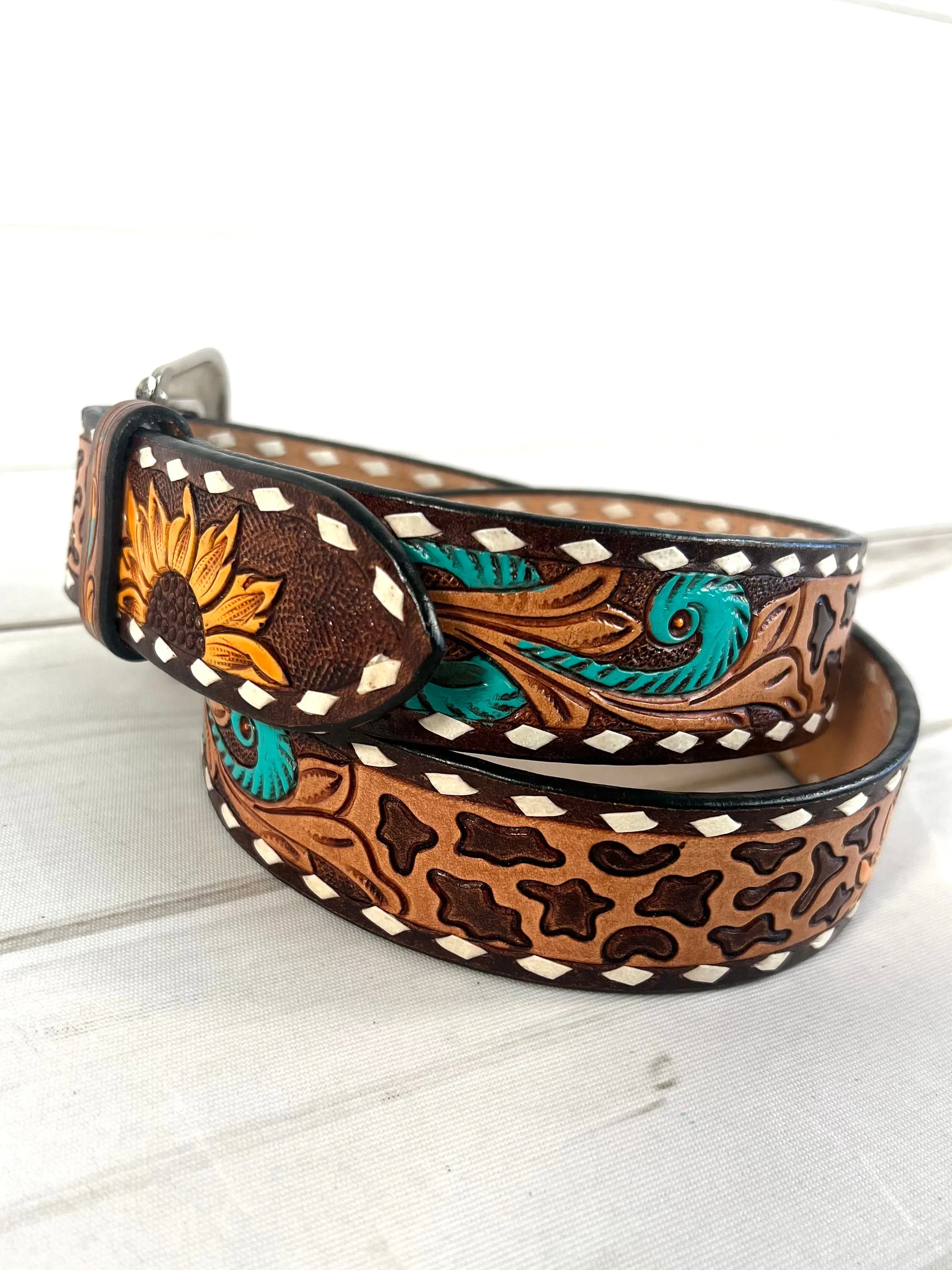 Leopard Sunflower Tooled Leather Woman’s Belt