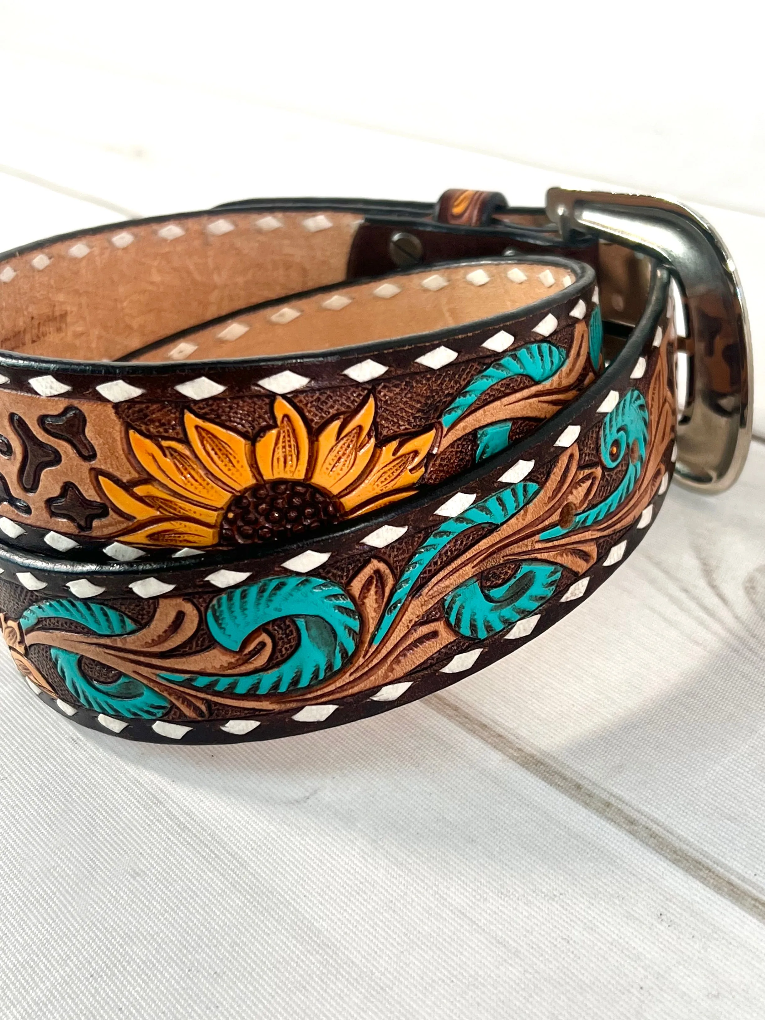 Leopard Sunflower Tooled Leather Woman’s Belt