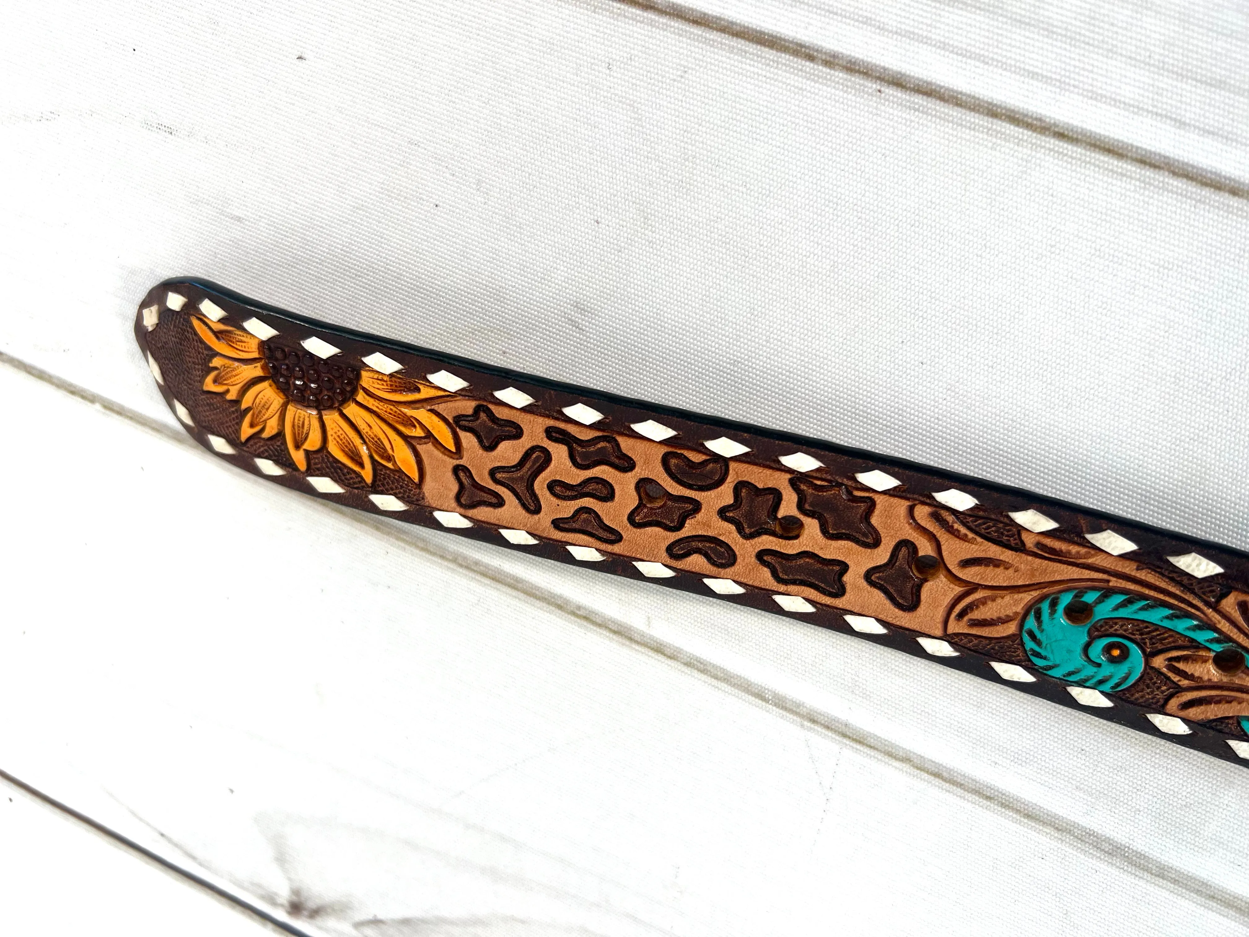 Leopard Sunflower Tooled Leather Woman’s Belt
