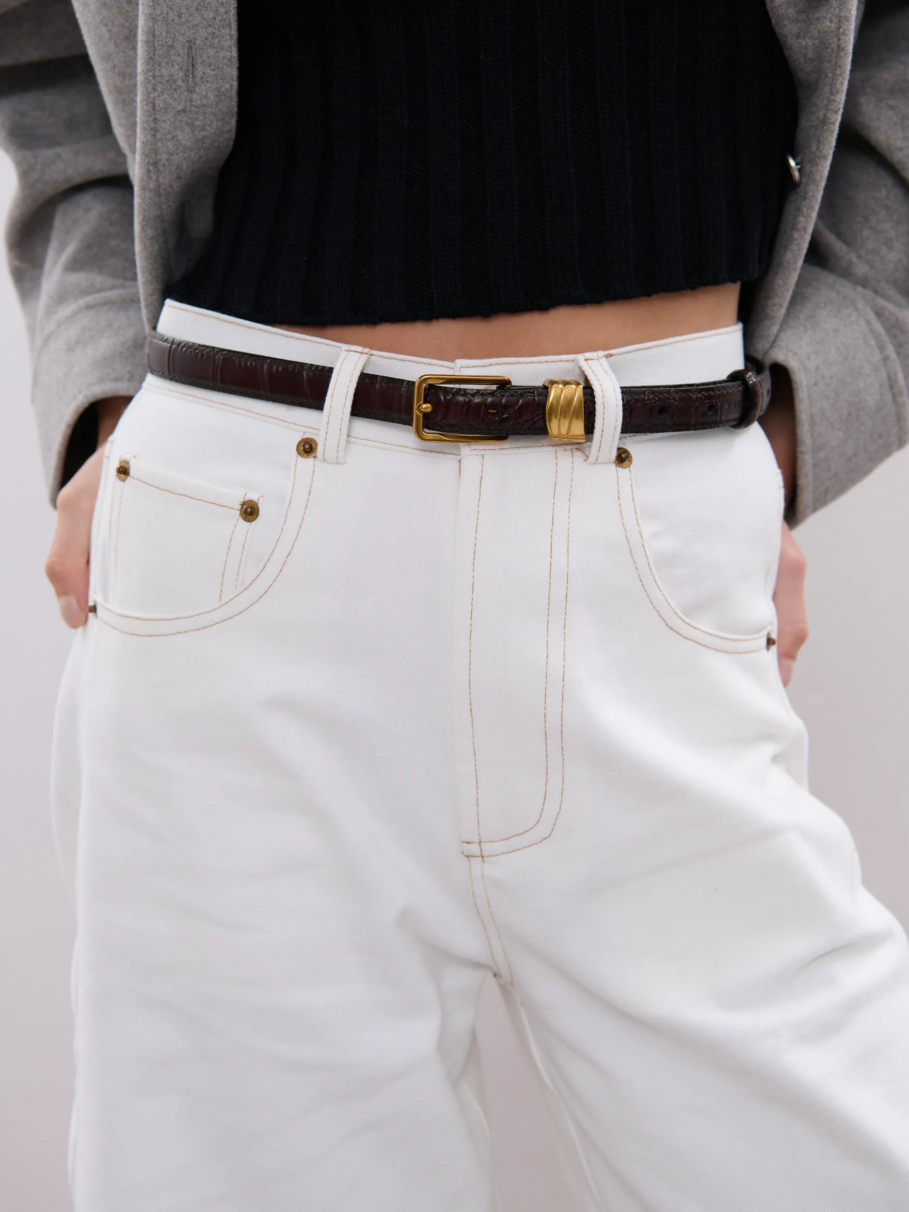 Lesley Skinny Genuine Leather Belt in Wine
