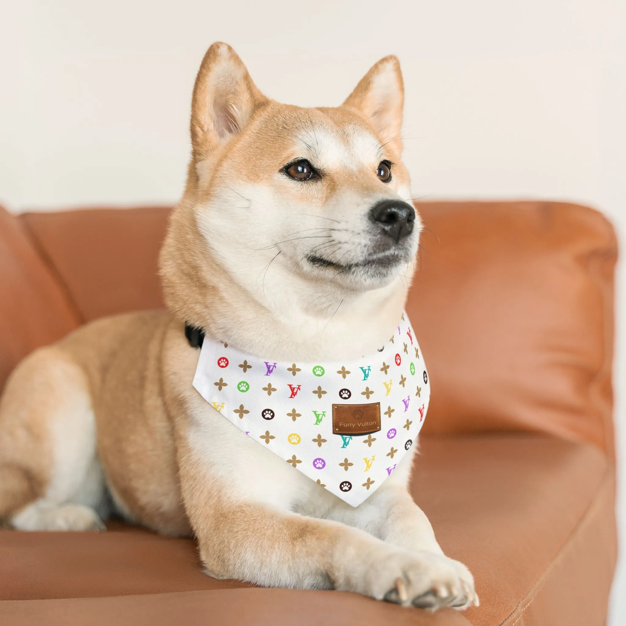 Light Furry Vuiton Faux-Designer Pet Bandana Collar