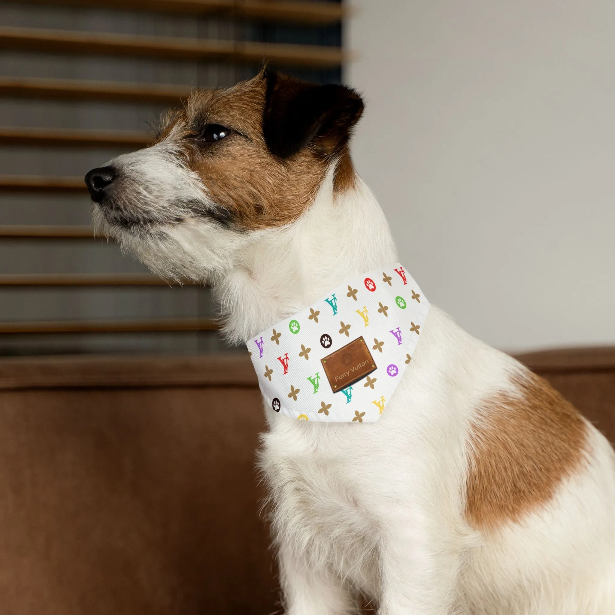 Light Furry Vuiton Faux-Designer Pet Bandana Collar