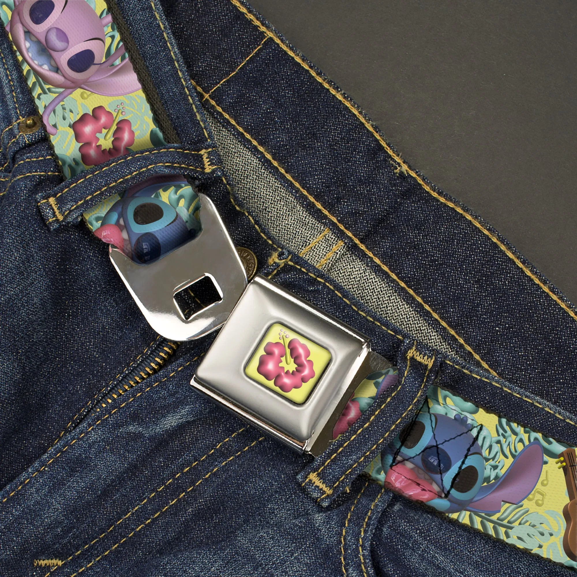 Lilo & Stitch Hibiscus Flower Full Color Yellow/Pink Seatbelt Belt - Angel and Stitch Face and Tropical Icons Yellow/Greens Webbing