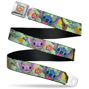 Lilo & Stitch Hibiscus Flower Full Color Yellow/Pink Seatbelt Belt - Angel and Stitch Face and Tropical Icons Yellow/Greens Webbing