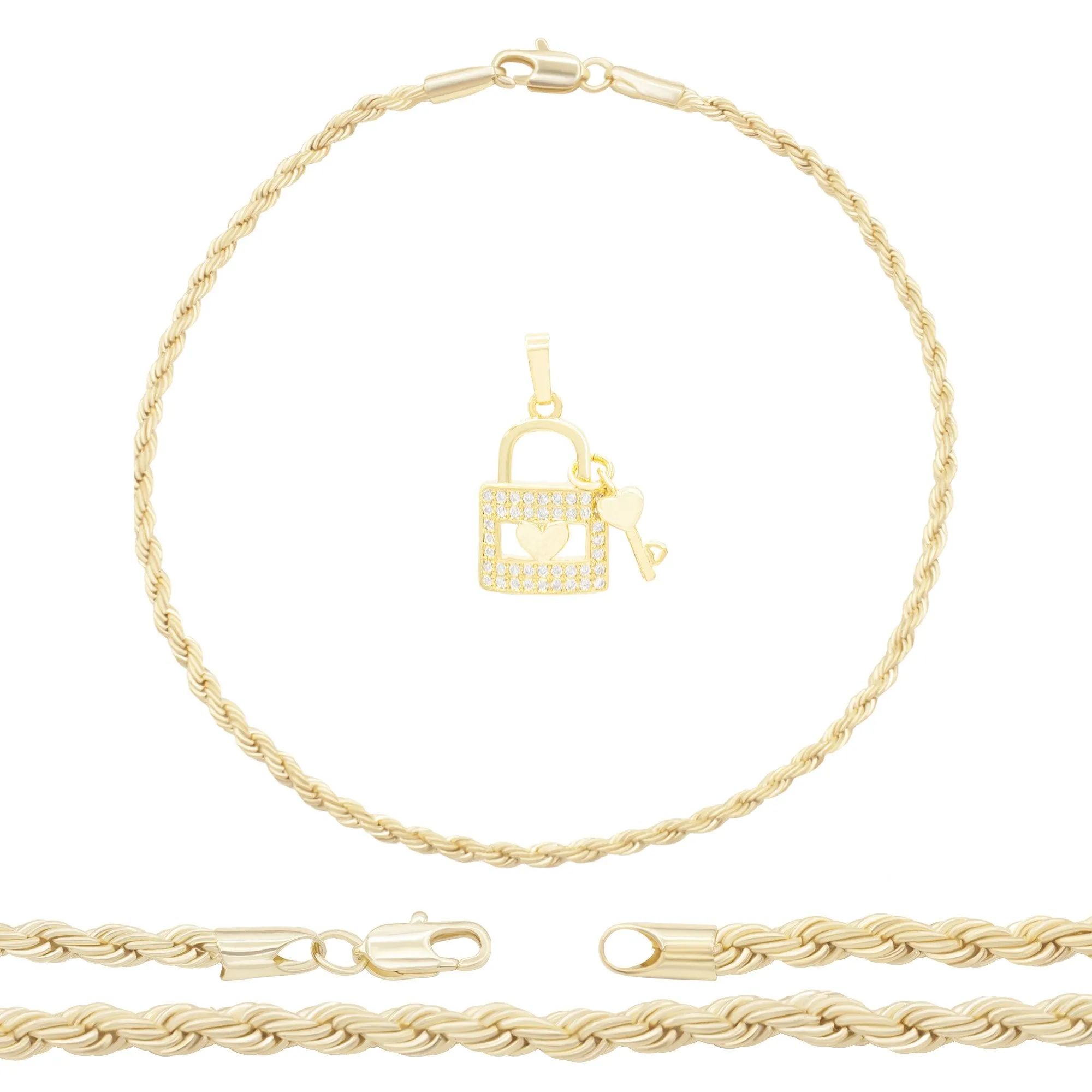Lock 2 Pendant 14K Anklet Gold Filled Cubic Zirconia Charm Rope Chain Set 10" Women Jewelry