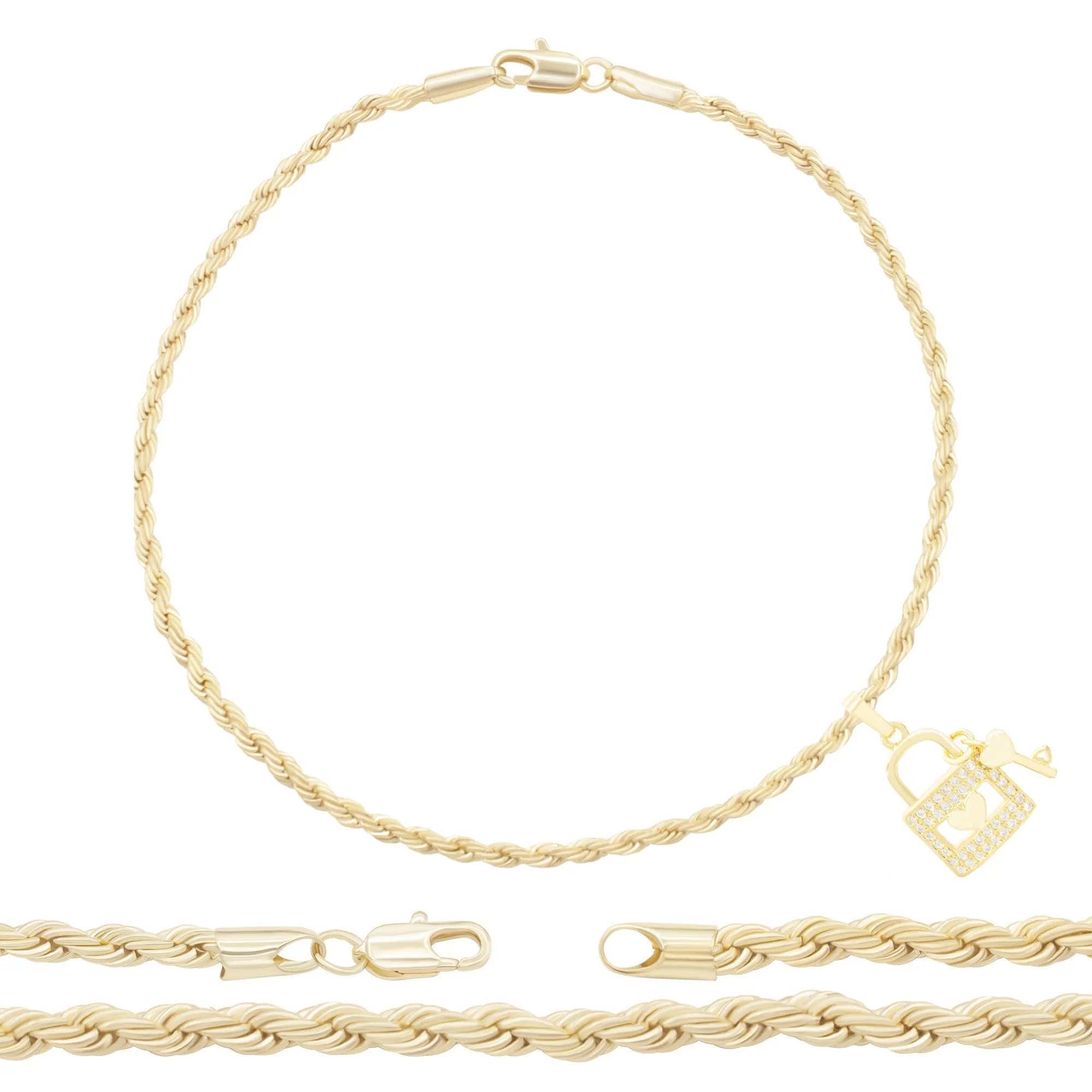 Lock 2 Pendant 14K Anklet Gold Filled Cubic Zirconia Charm Rope Chain Set 10" Women Jewelry