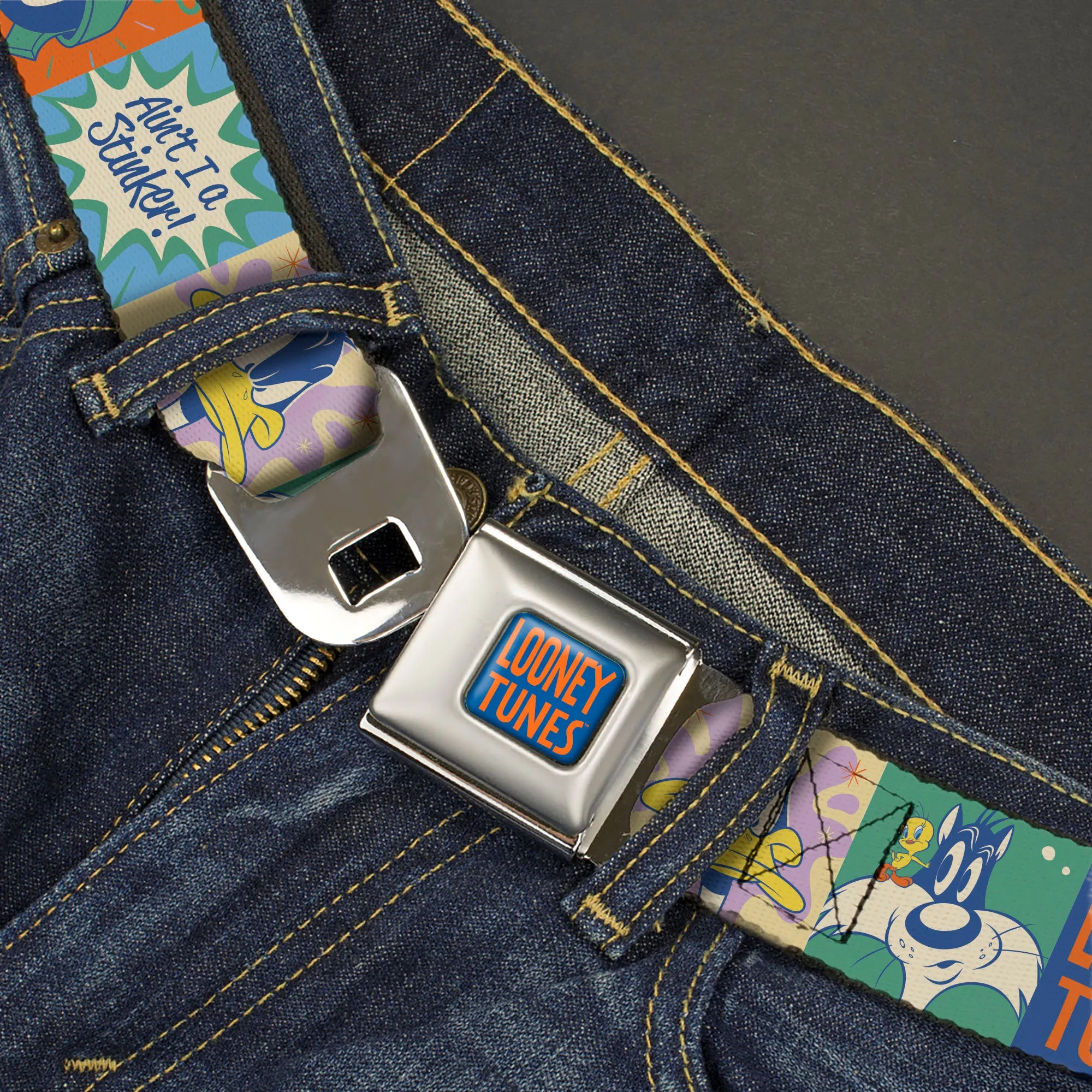 LOONEY TUNES Text Full Color Blue/Orange Seatbelt Belt - LOONEY TUNES Character Pose Block and Icon Blocks Multi Pastel Webbing