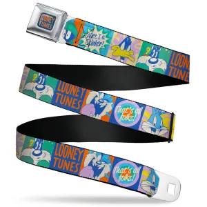 LOONEY TUNES Text Full Color Blue/Orange Seatbelt Belt - LOONEY TUNES Character Pose Block and Icon Blocks Multi Pastel Webbing