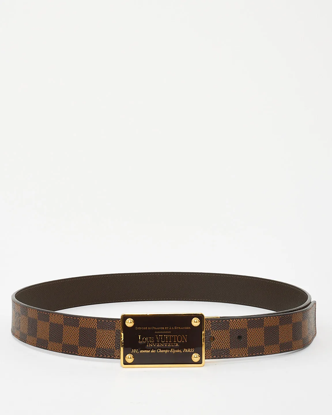 Louis Vuitton Brown Leather & Damier Ebene Canvas Gold Plate Inventeur Reversible Belt - 95/38