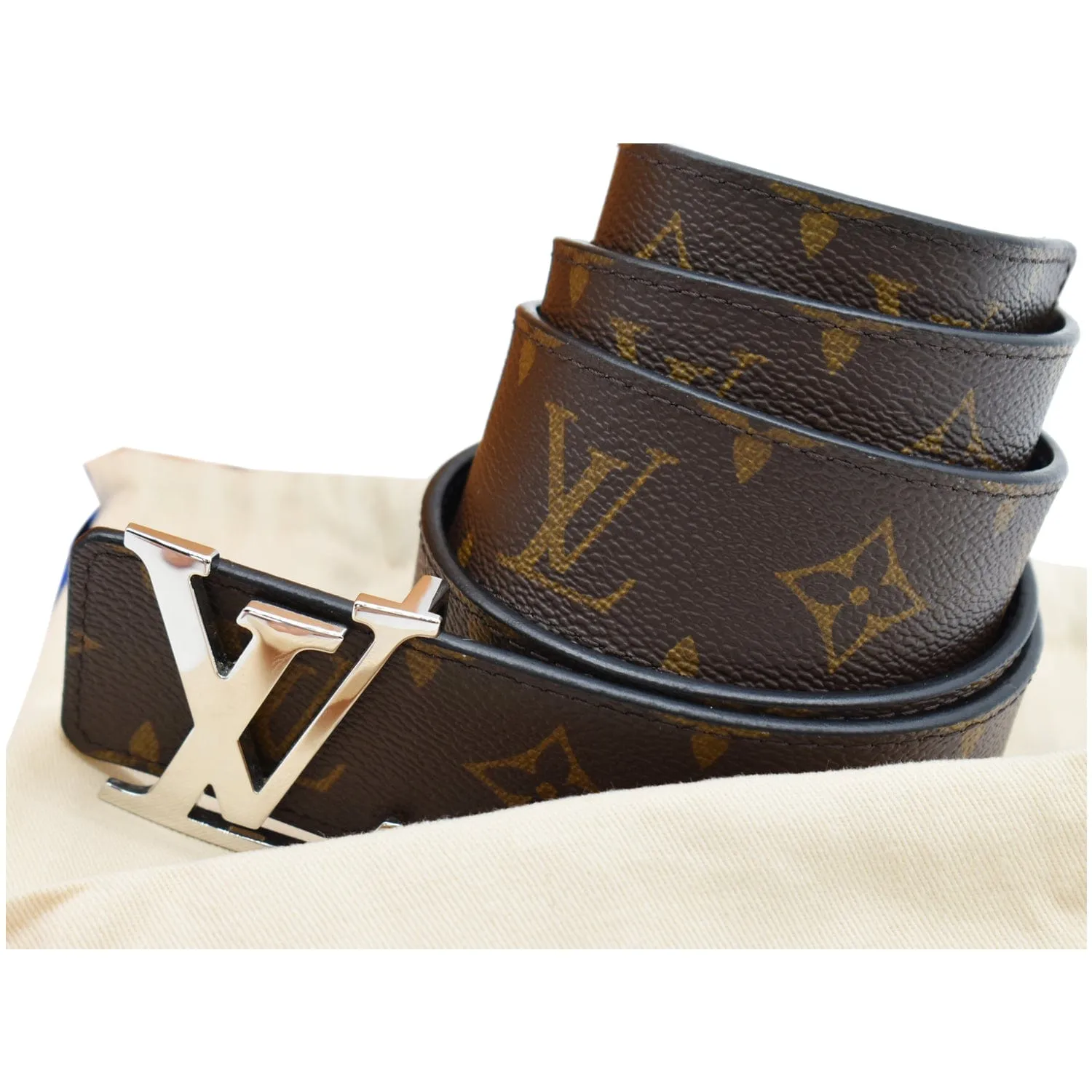LOUIS VUITTON LV Initiales Monogram Canvas Silver Buckle Belt Brown