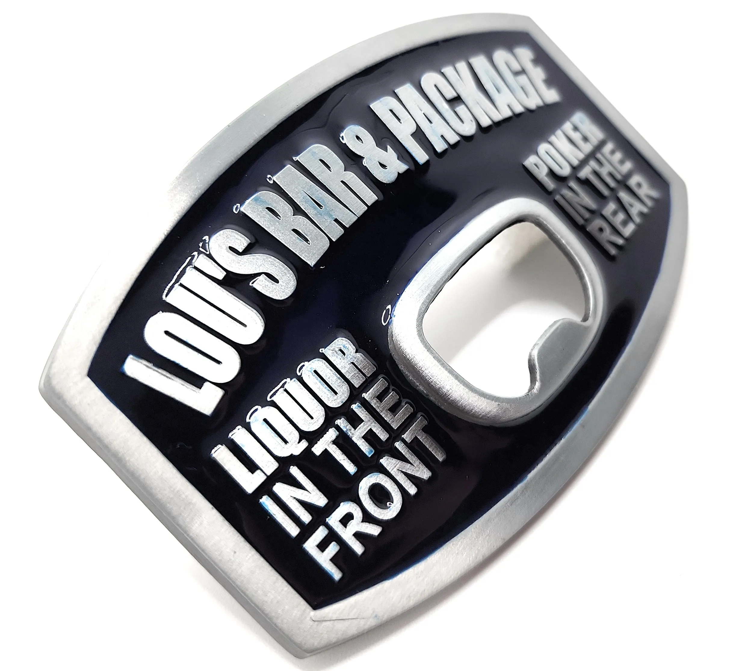 Lou's Bar & Package Belt Buckle Bottle Opener