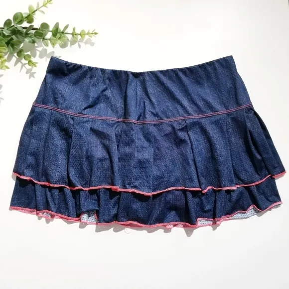 LUCKY IN LOVE Blue Denim Tennis Skirt Skort Gym Athletic Large