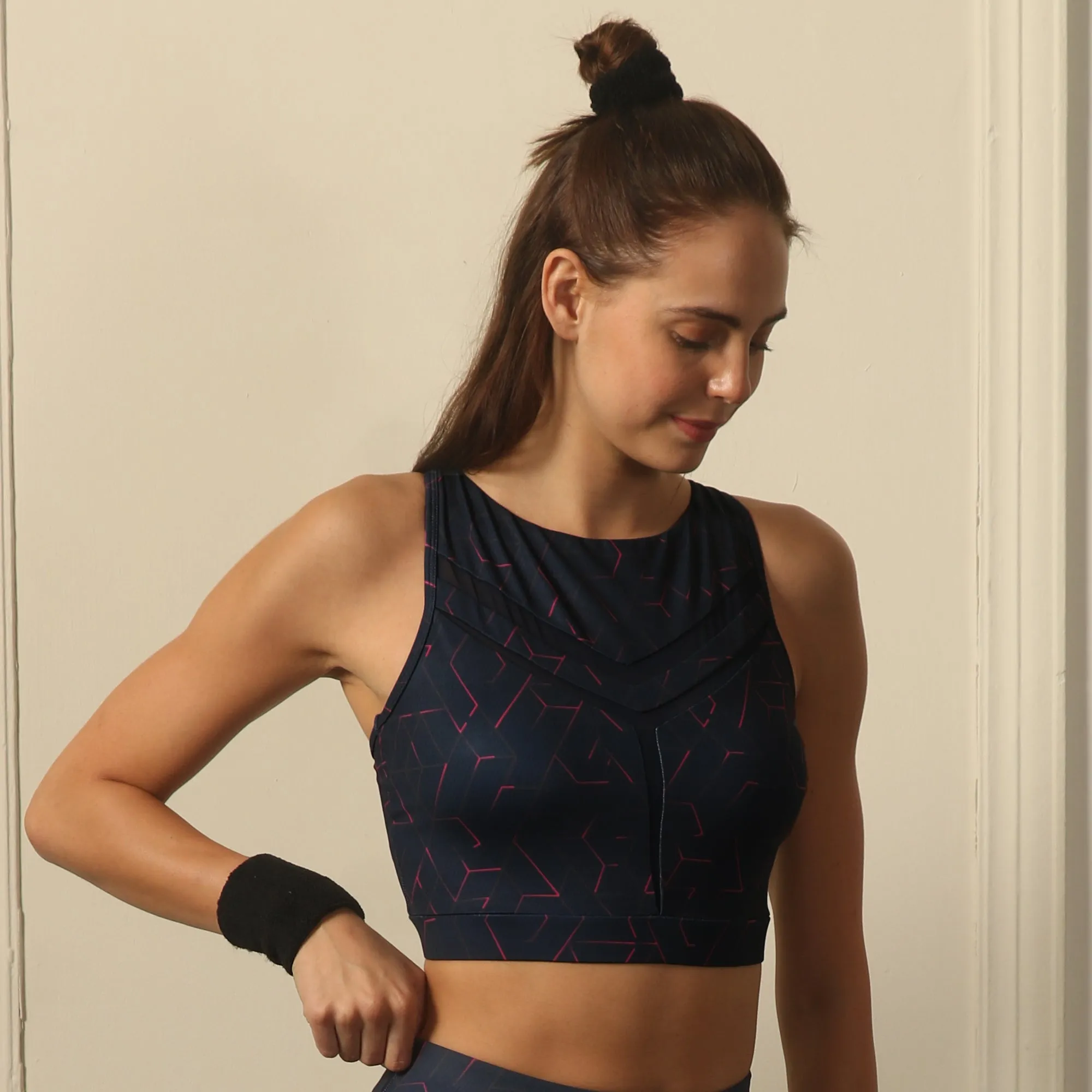 Medium Impact Quicky Dry Padded Sports Bra with Racerback and Mesh Detailing