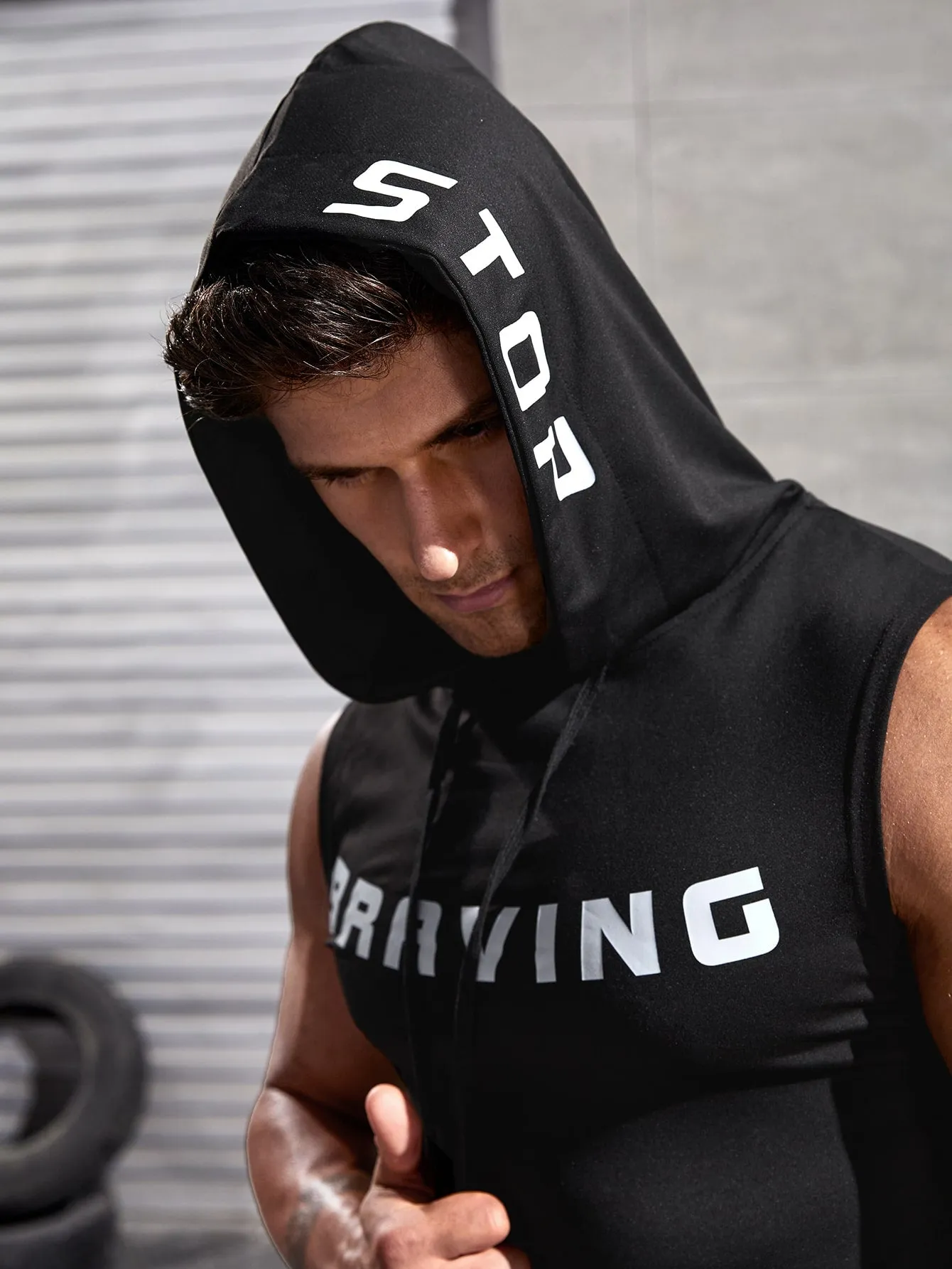 Men Letter Graphic Drawstring Hooded Sports Tank Top