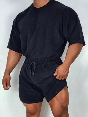 Men Solid Drop Shoulder Tee & Drawstring Waist Shorts