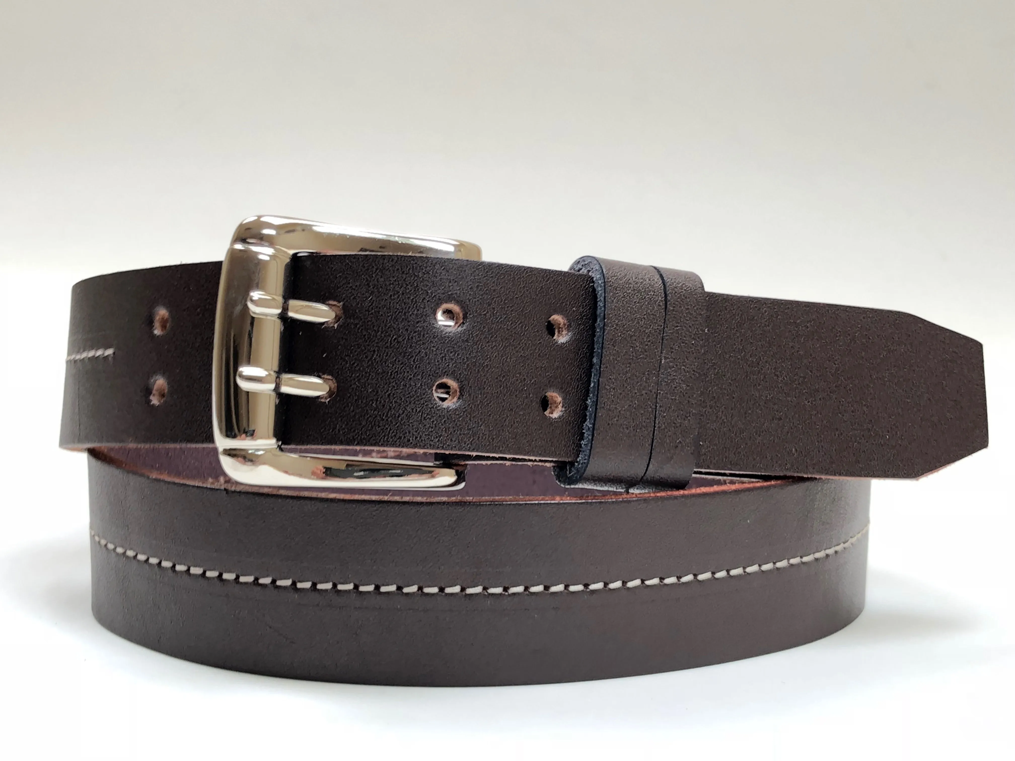 Men's Dark Brown Leather Belt with White Stitching 38C7
