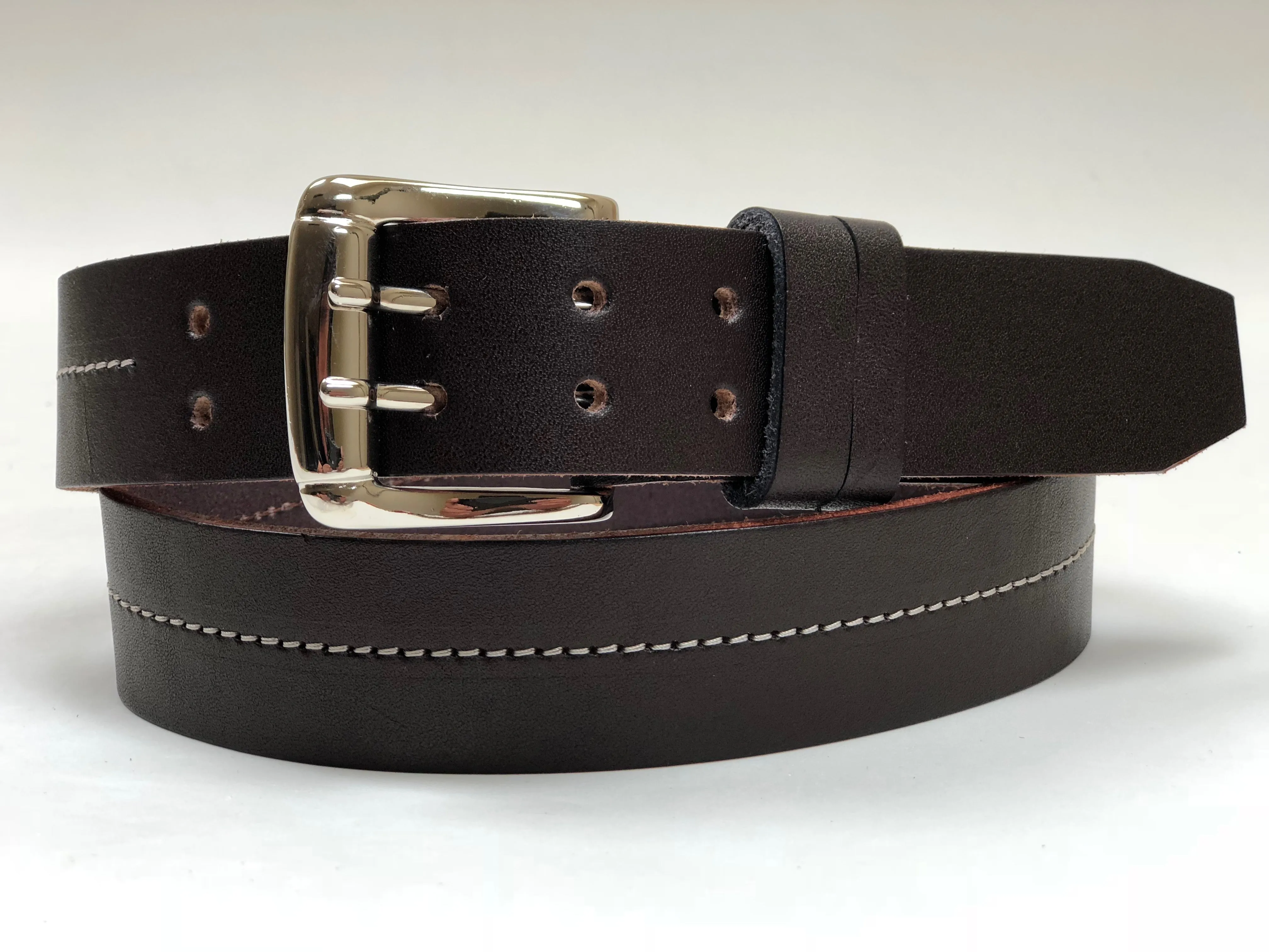 Men's Dark Brown Leather Belt with White Stitching 38C7