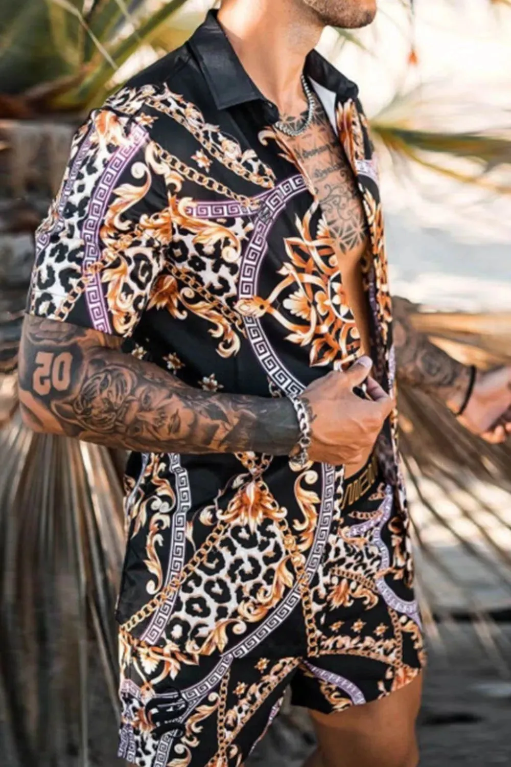 Men's Full Size Printed Short Sleeve Top and Shorts Set Plus Size
