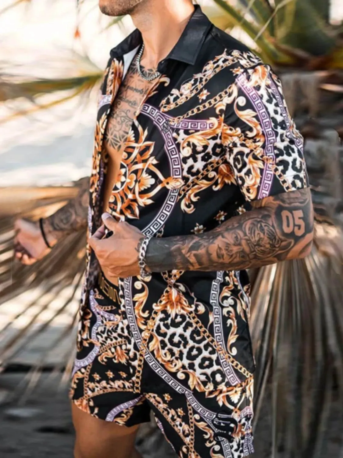 Men's Full Size Printed Short Sleeve Top and Shorts Set Plus Size