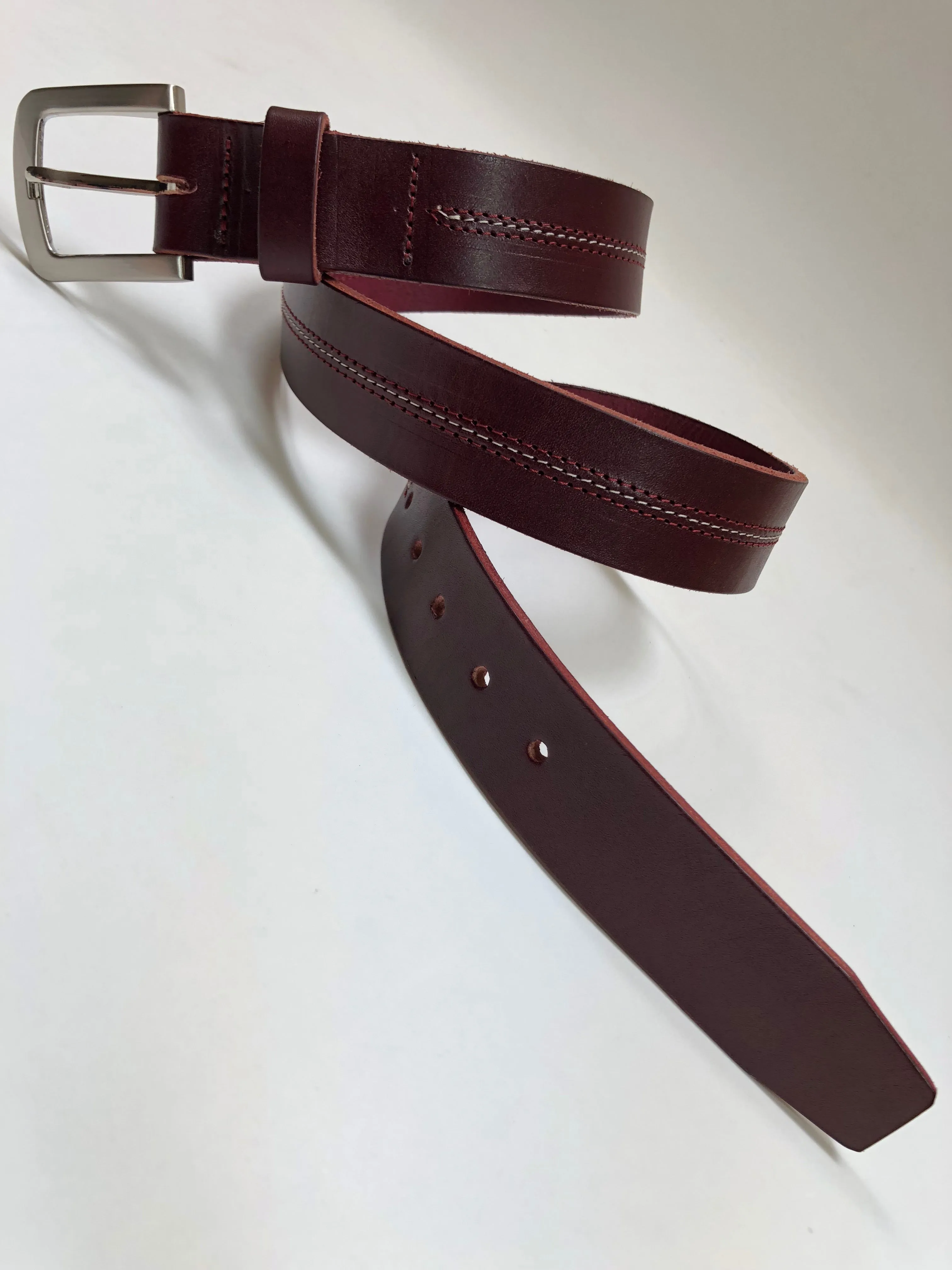 Men's vino leather belt with red and white stitching SKU#34C1