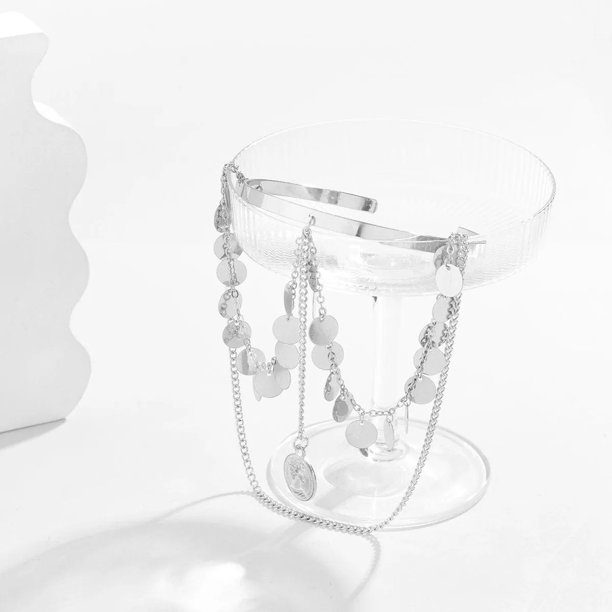 Minimalist Layered Round Disk Charm Sequins Tassel Arm Cuff