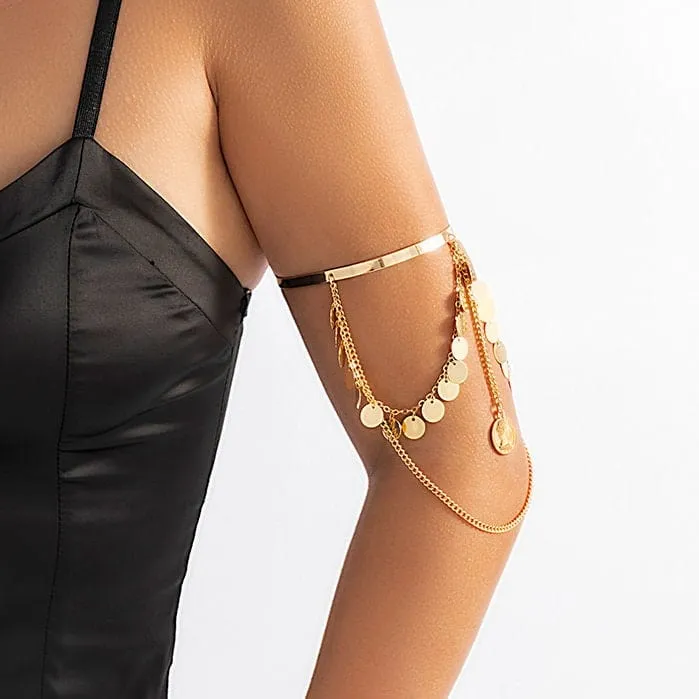 Minimalist Layered Round Disk Charm Sequins Tassel Arm Cuff